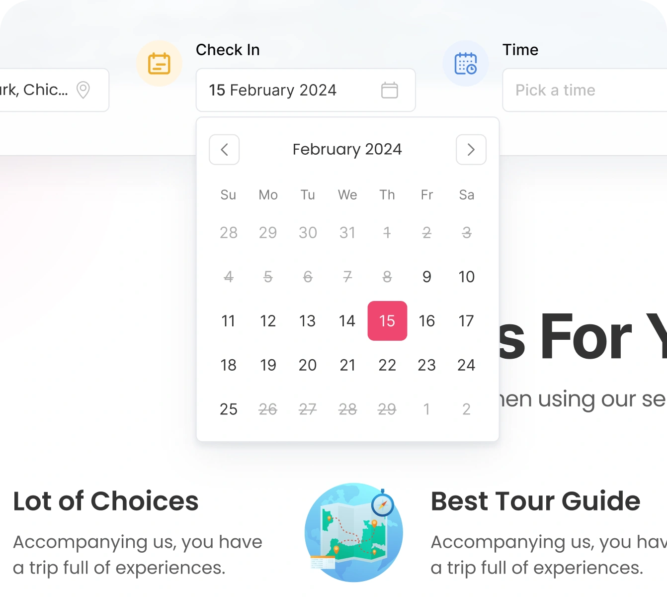 Online booking interface showing a calendar for February 2024 with the 15th highlighted and input fields for check-in date and time selection.