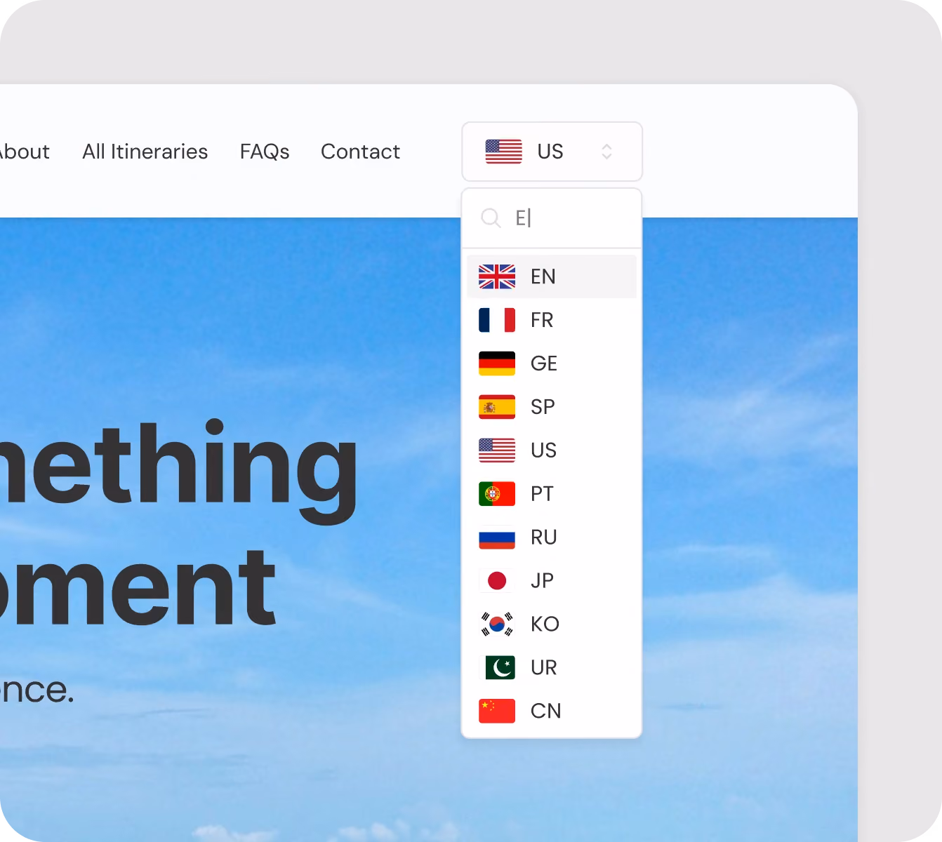 Dropdown menu displaying multiple country flags and their language codes including English, French, German, Spanish, and others for language selection.