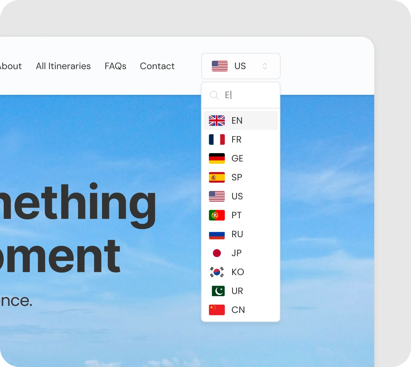 Dropdown menu displaying multiple country flags and their language codes including English, French, German, Spanish, and others for language selection.