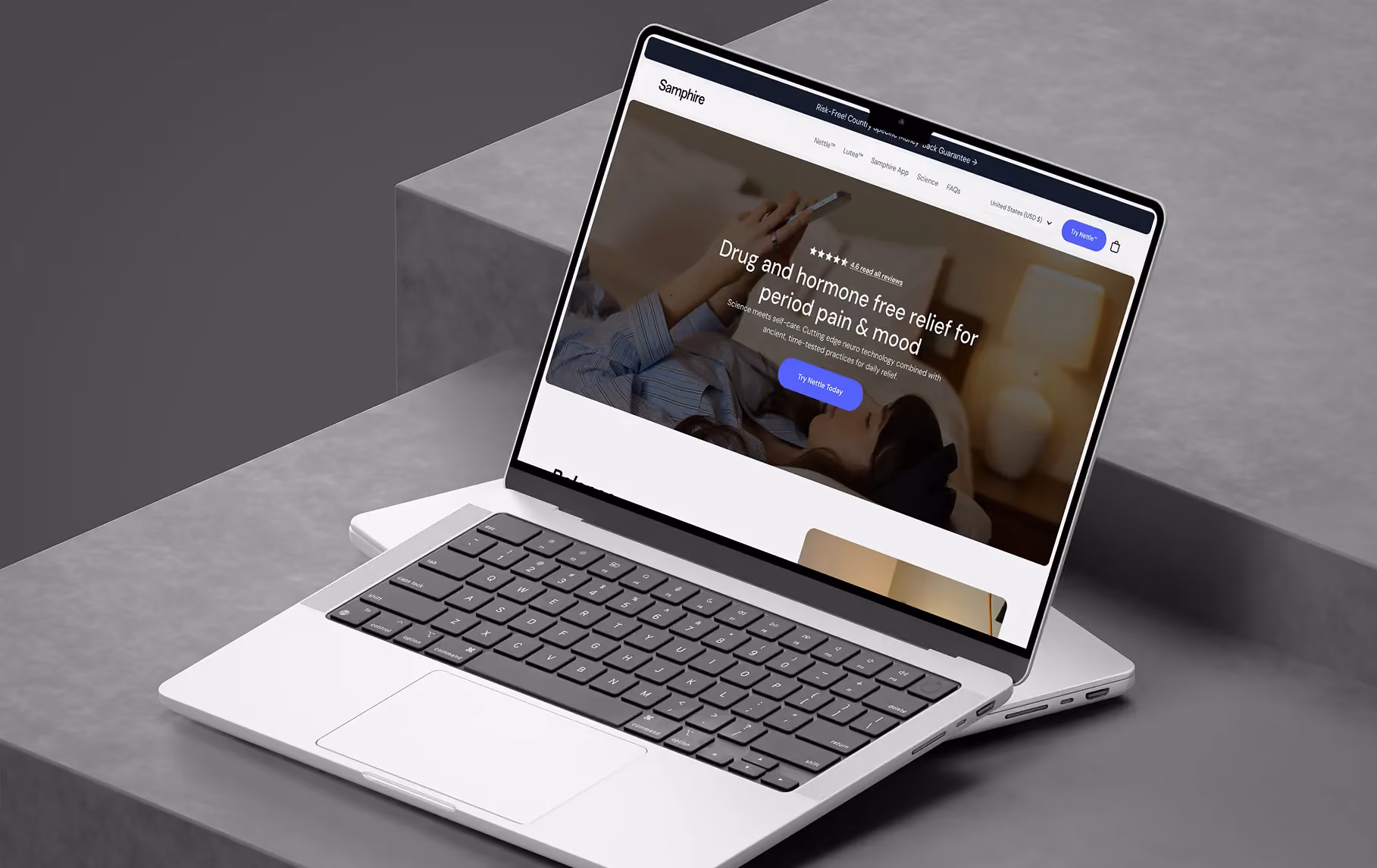 Samphire wellness website for drug- and hormone-free period pain relief shown on a laptop