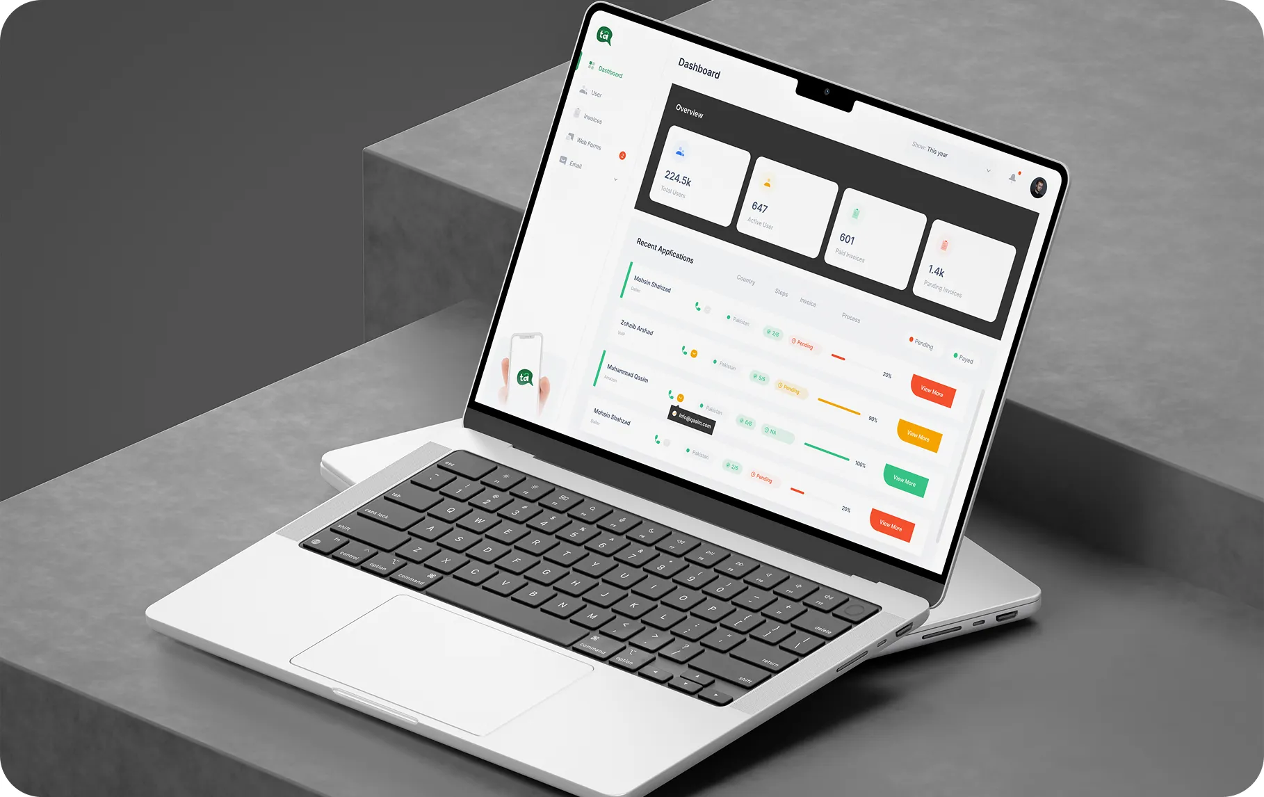 Admin dashboard for an artisan marketplace showing orders, revenue, and recent activity on a laptop