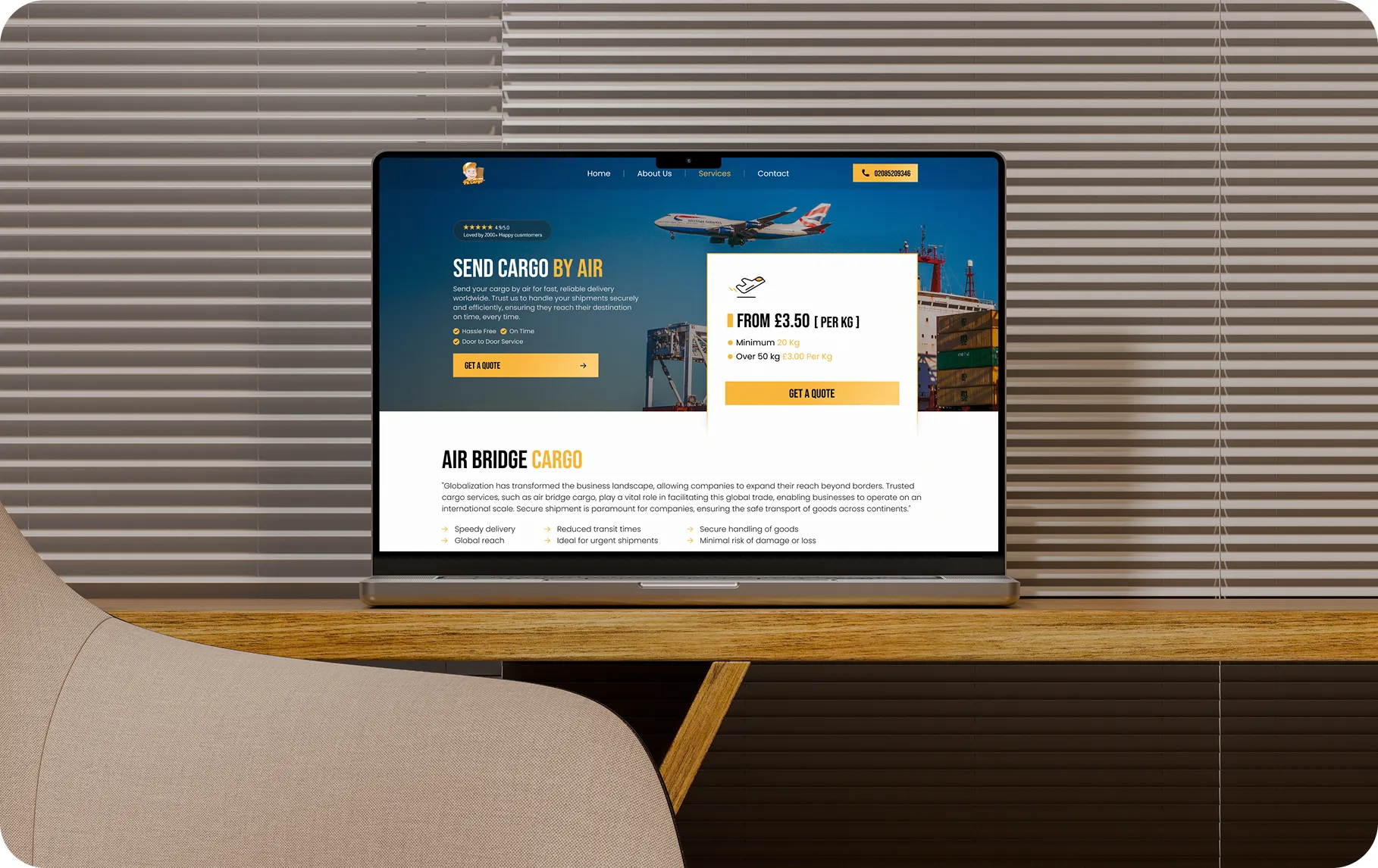 Cargo and air-freight shipping website shown on a laptop