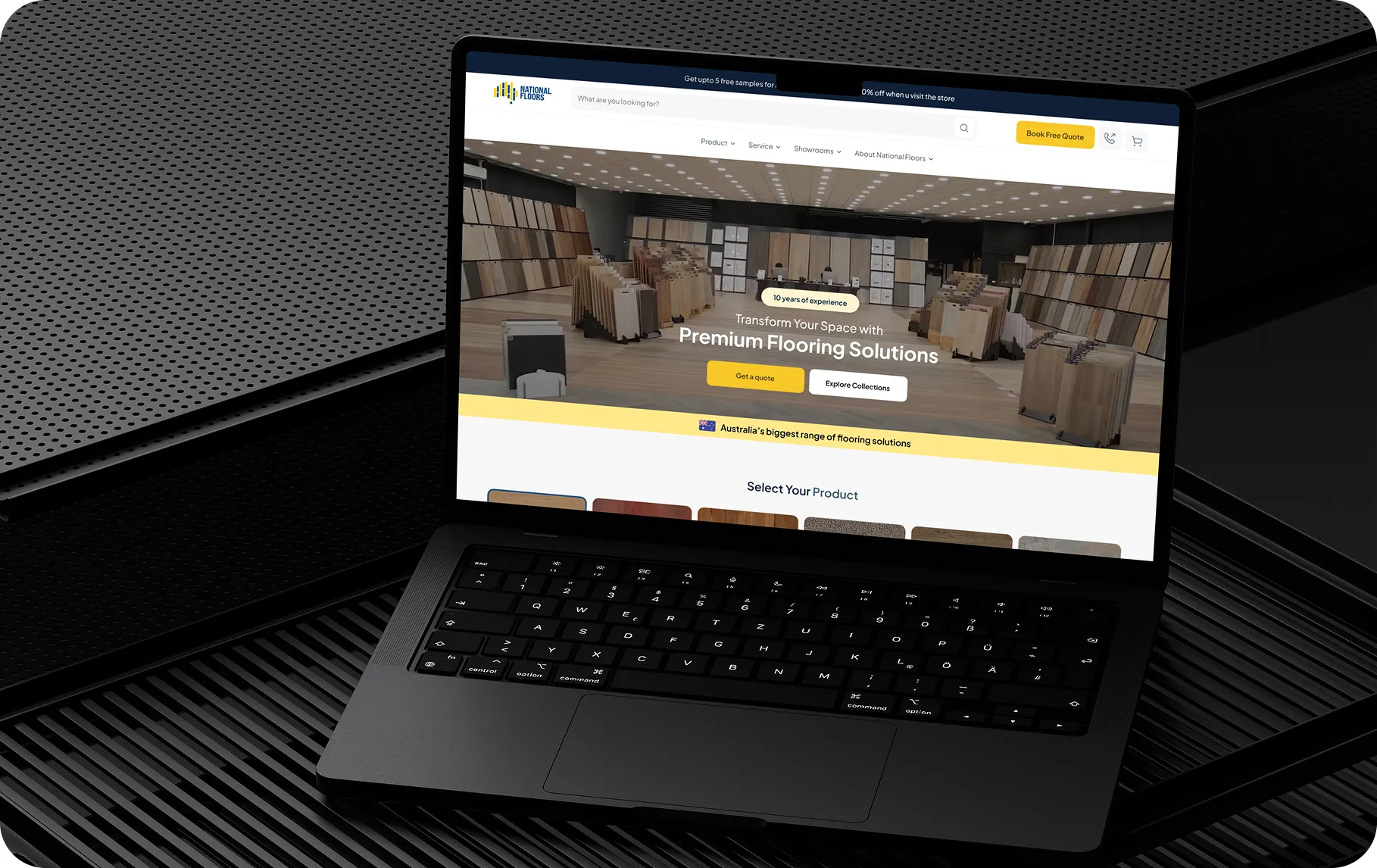 National Floors premium flooring website shown on a laptop