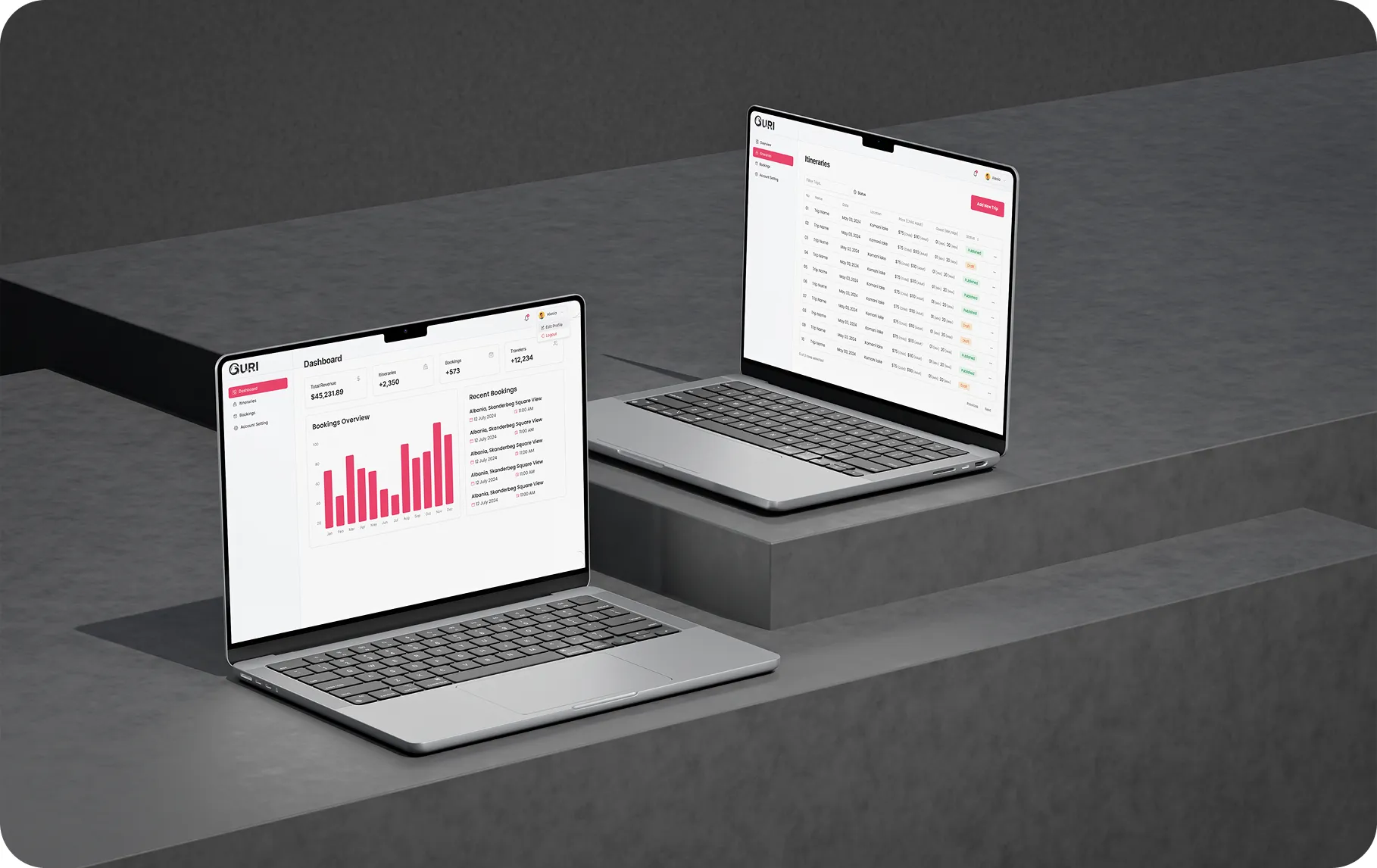 Travel booking and itinerary management dashboard shown on two MacBook Pro laptops