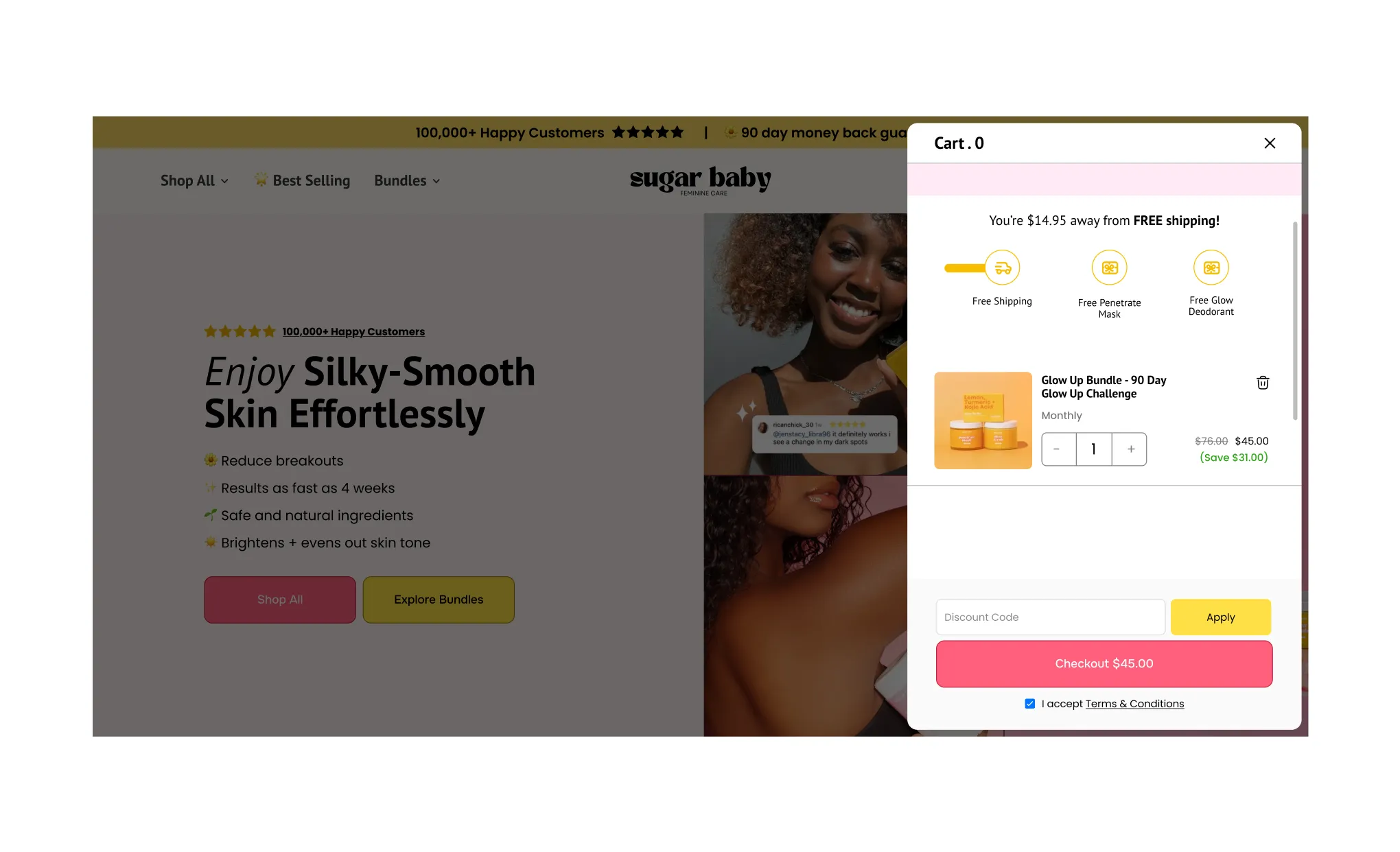 Sugar Baby cart with Glow Up Bundle and free-shipping progress bar