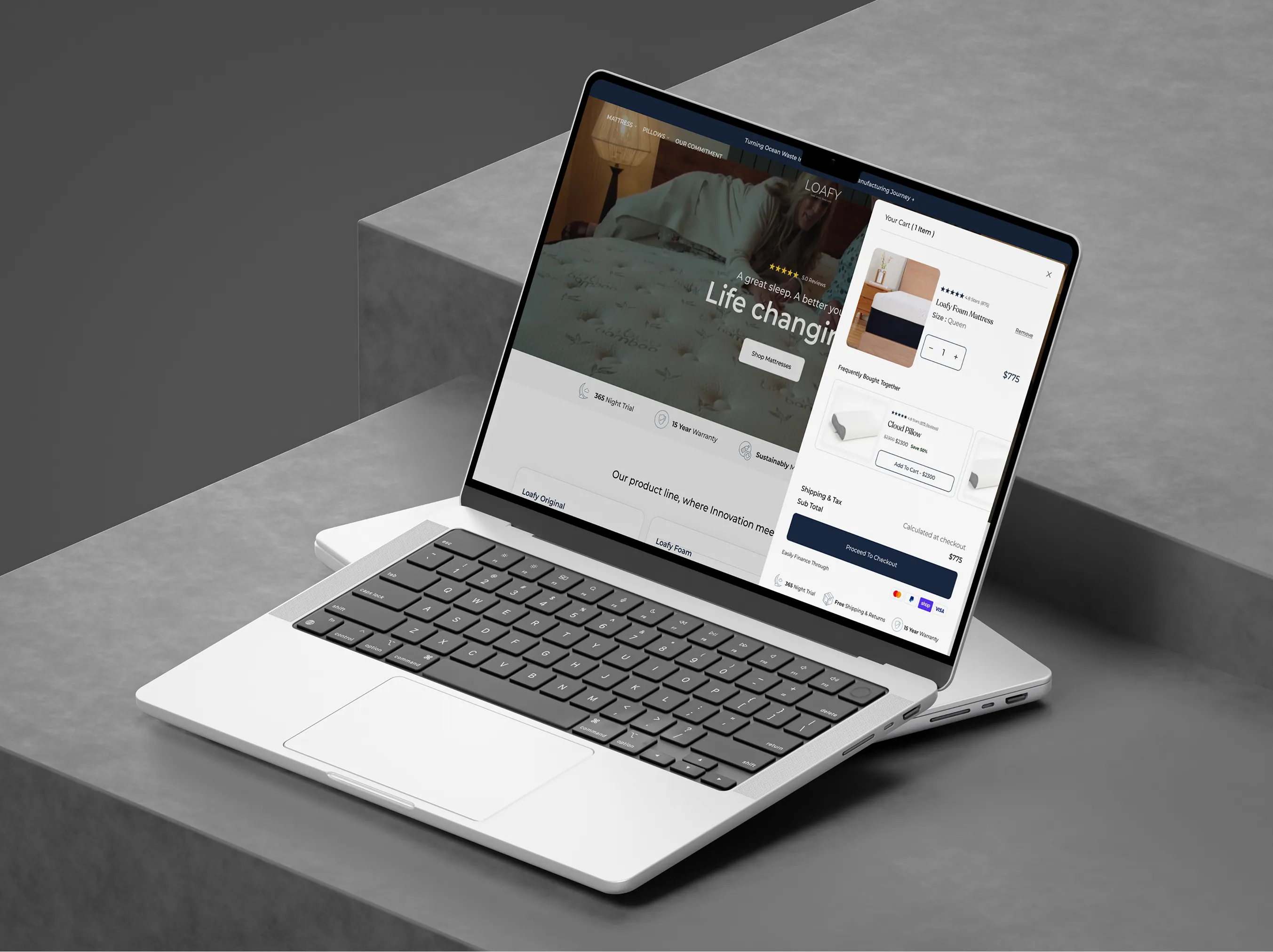 Open laptop displaying Samphire website offering drug and hormone free relief for period pain and mood, with a woman lying on a bed looking at her phone.