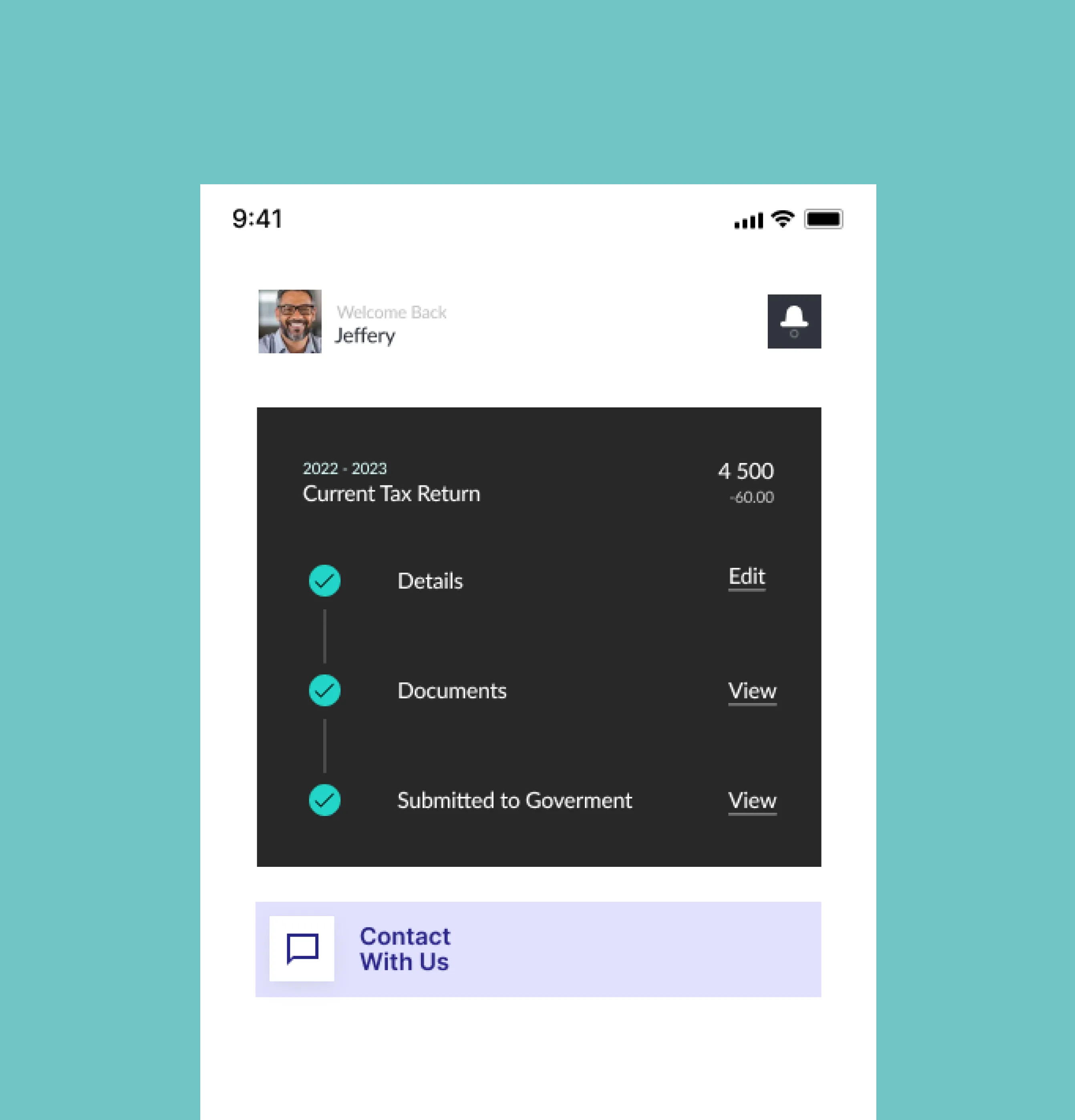 Mobile app screen showing Jeffery's 2022-2023 current tax return with completed steps for details, documents, and submission, and a contact button below.