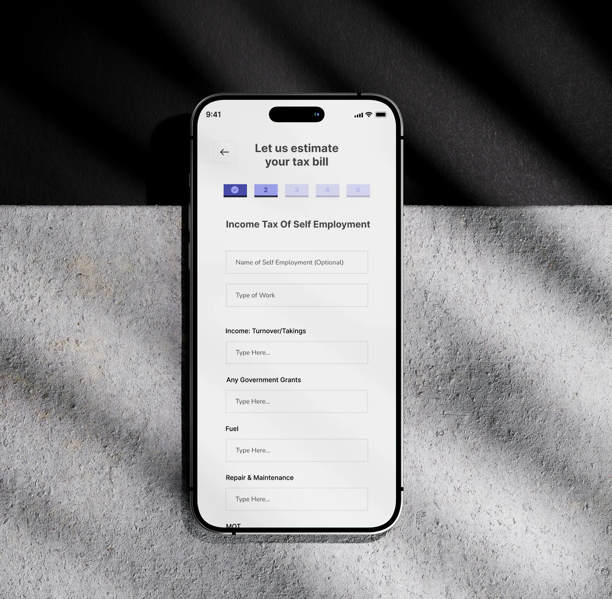 Smartphone screen showing a tax estimation form for self-employment income with fields for name, work type, income, grants, fuel, and maintenance.