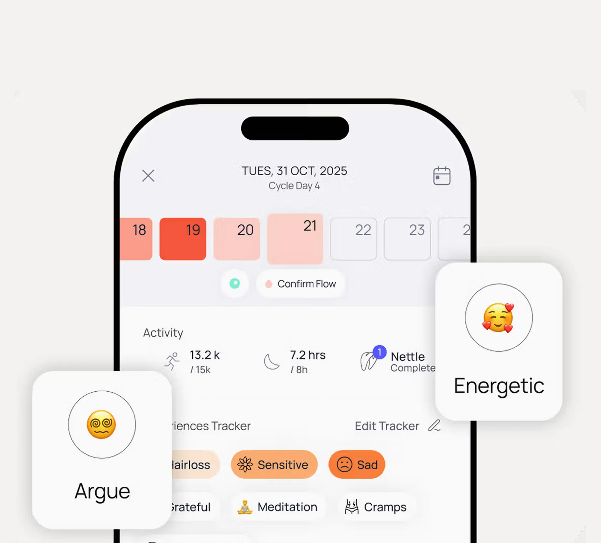 Close-up of a phone screen showing a menstrual cycle tracker app with activity stats, mood icons labeled Energetic and Argue, and days marked from October 18 to 24, 2025.