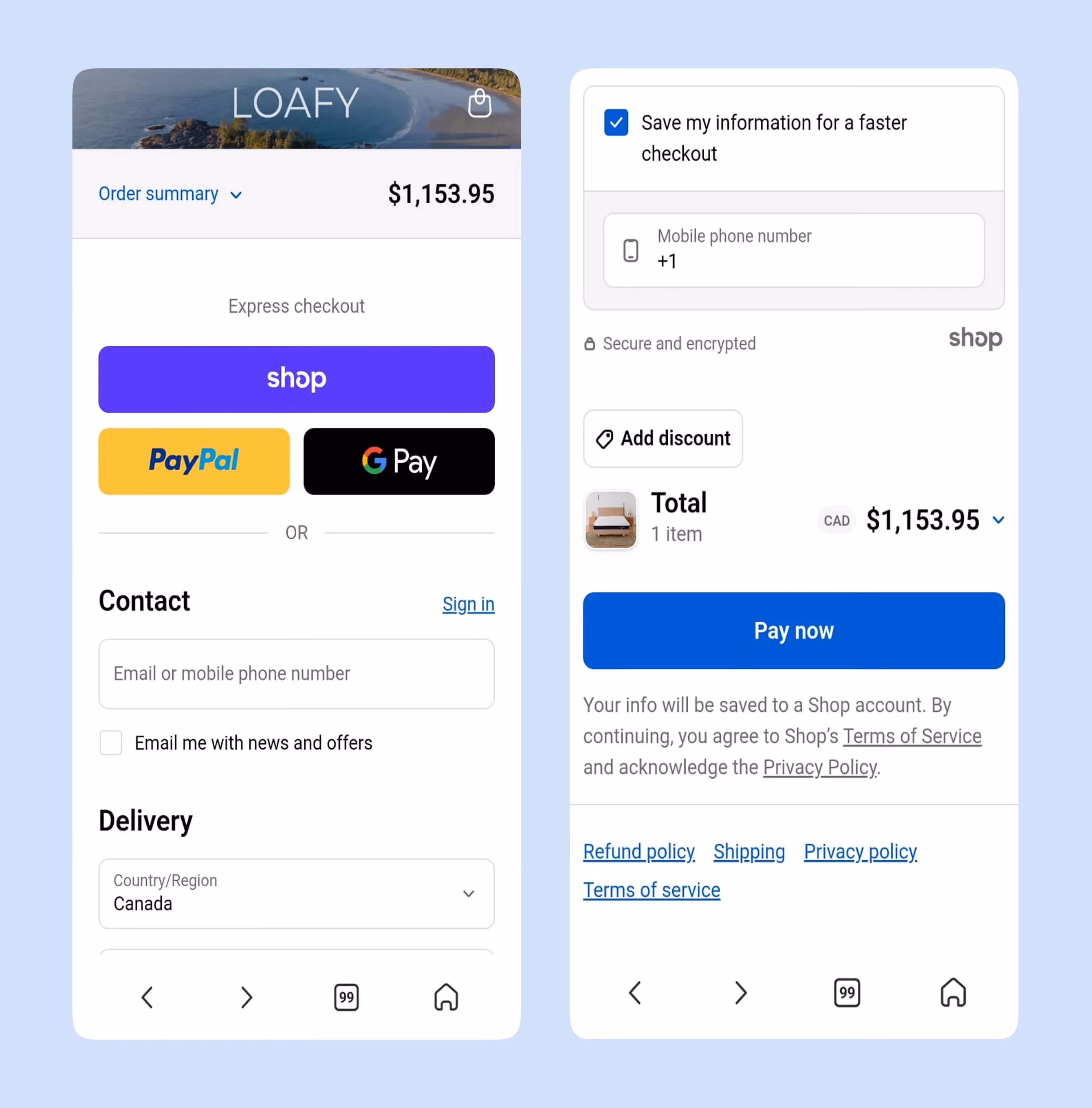 Mobile checkout screens showing order summary, payment options, contact info, delivery country, and pay now button.