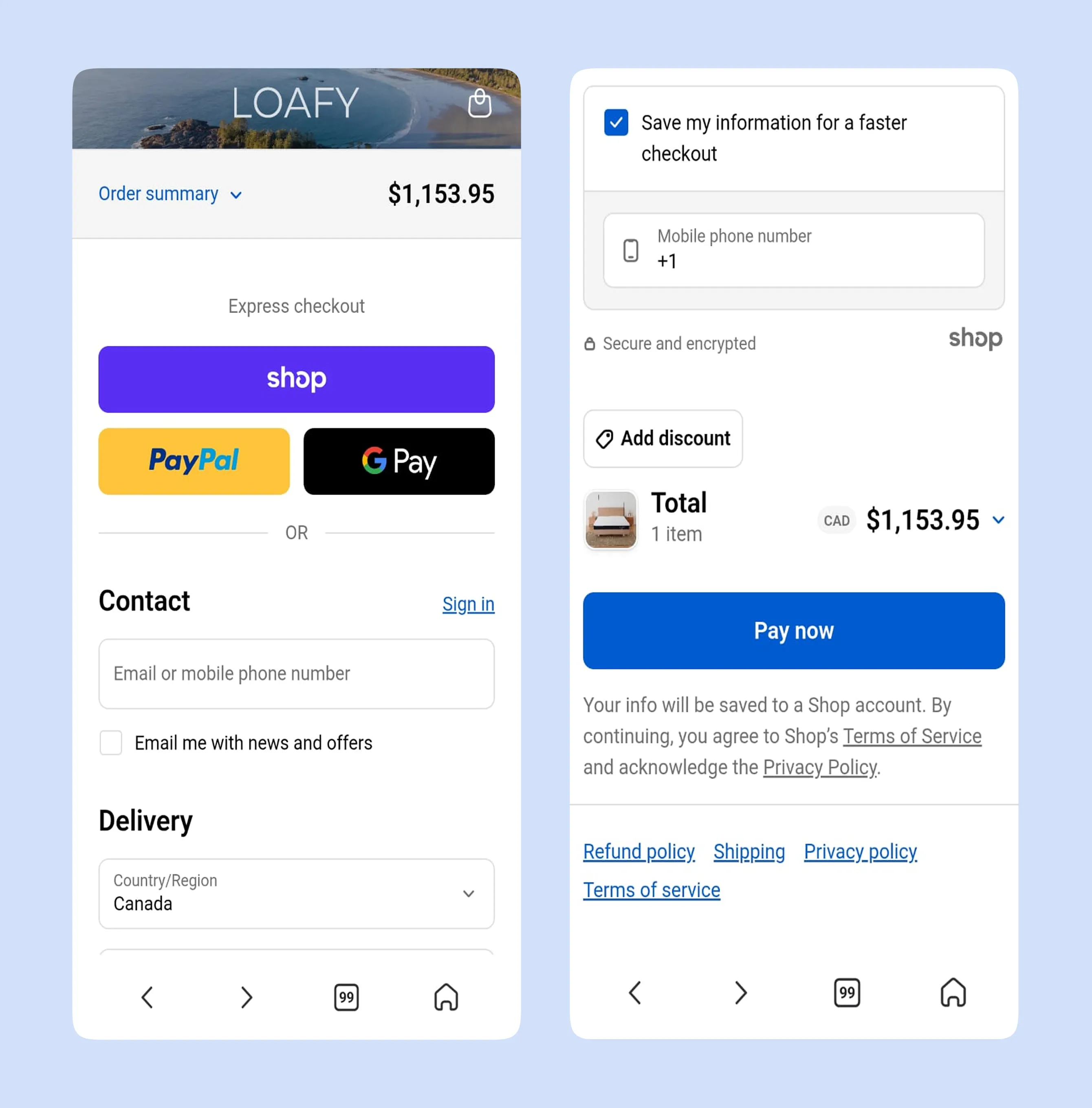 Support options display with icons and descriptions for Free Consultation, Get Measurements, Receive Quote, and Schedule Installation, plus a call button with phone number.