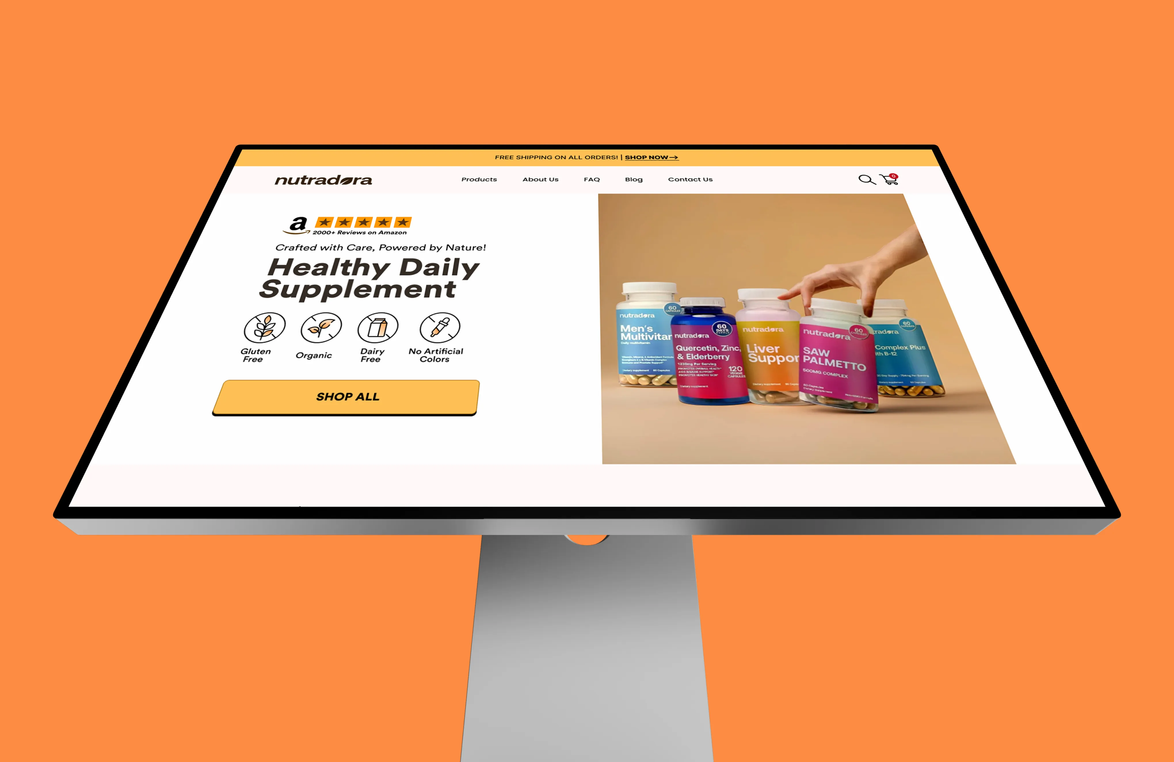 Open laptop on blue tiled table displaying Sugar Baby skincare website with product images and customer testimonials.