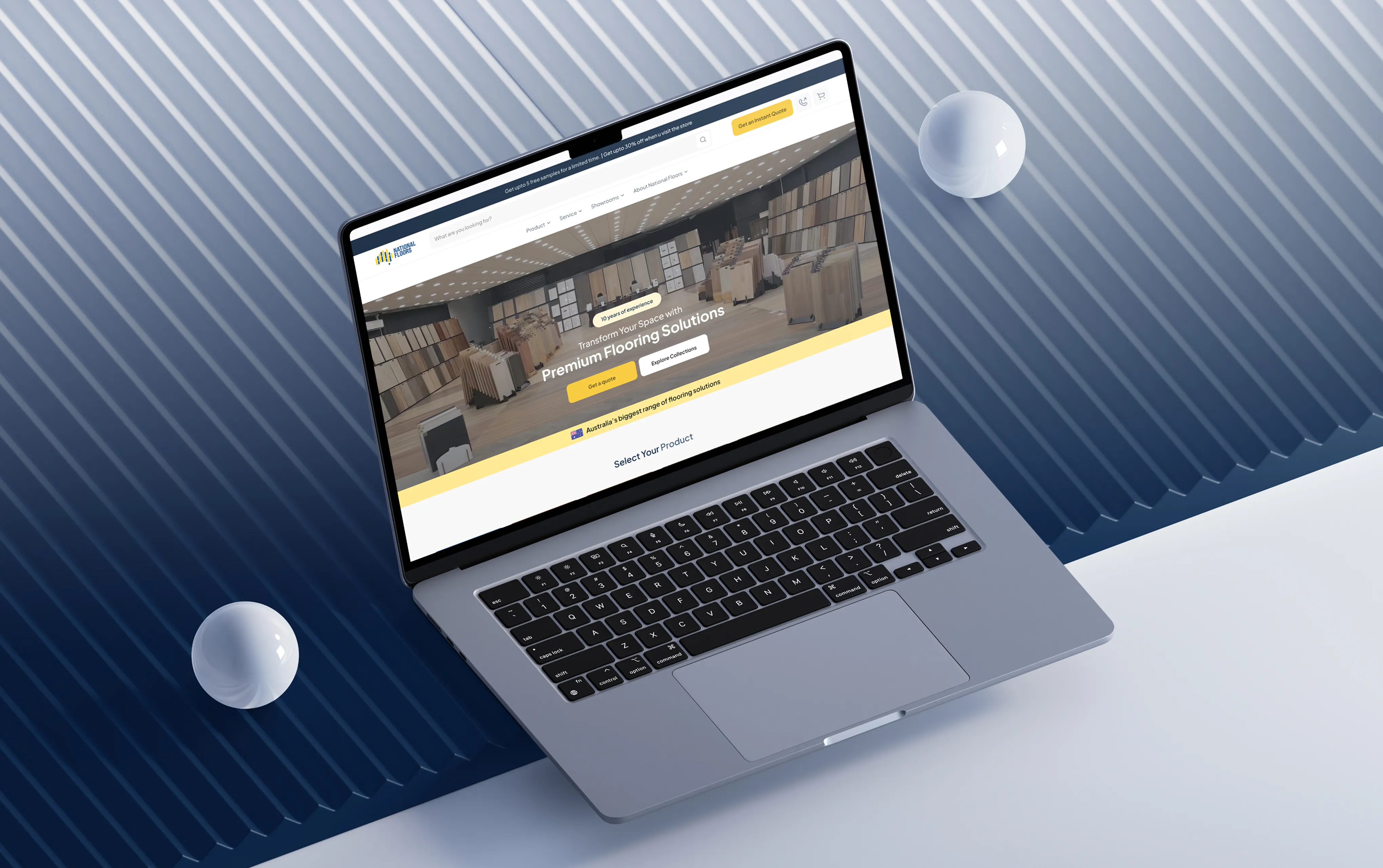 Open laptop on blue tiled table displaying Sugar Baby skincare website with product images and customer testimonials.