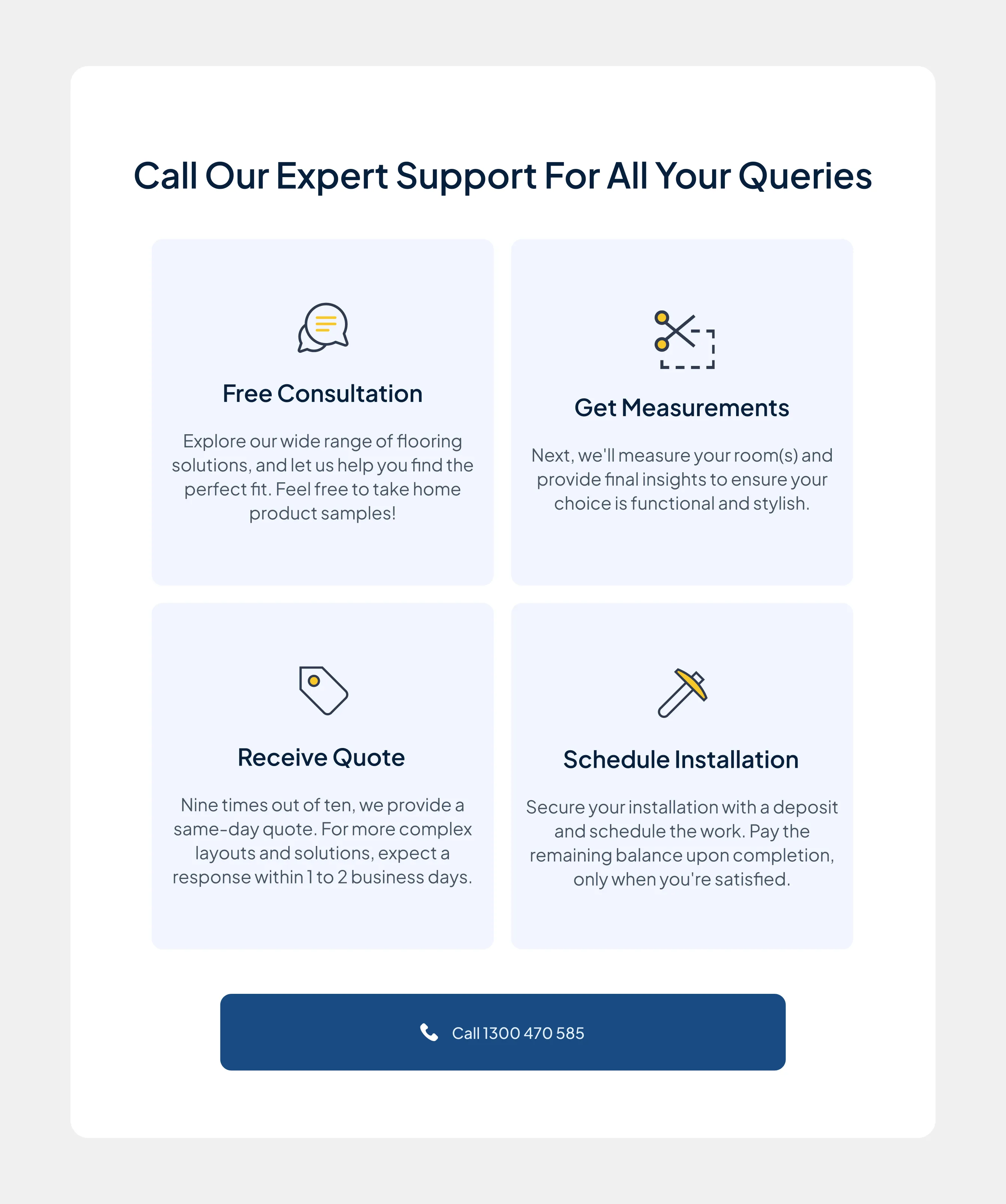 Support options display with icons and descriptions for Free Consultation, Get Measurements, Receive Quote, and Schedule Installation, plus a call button with phone number.