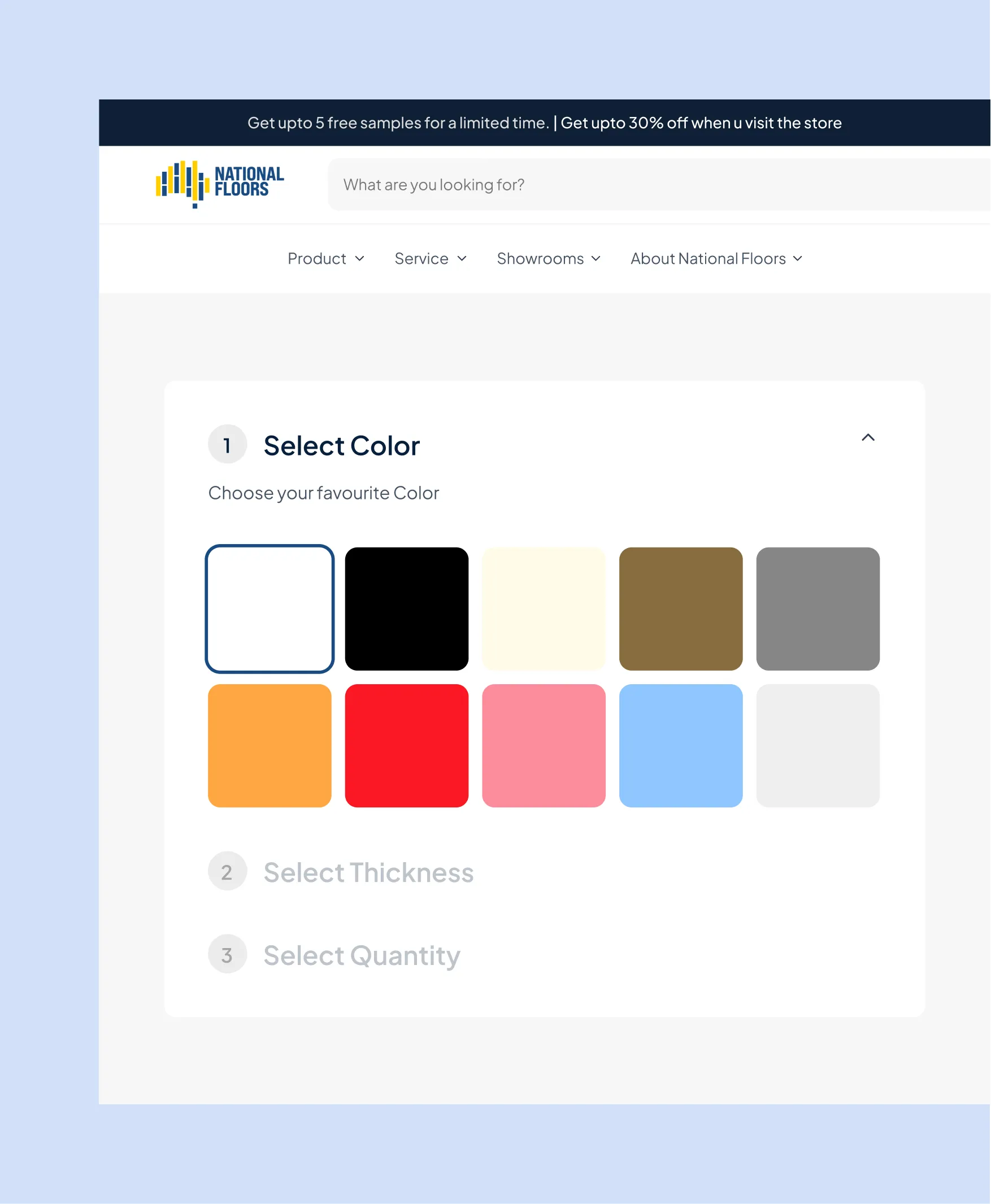Four steps to quality new floors: order free samples, measure up your home, place your order, and install using an interactive installer map, with buttons to get an instant quote or call.