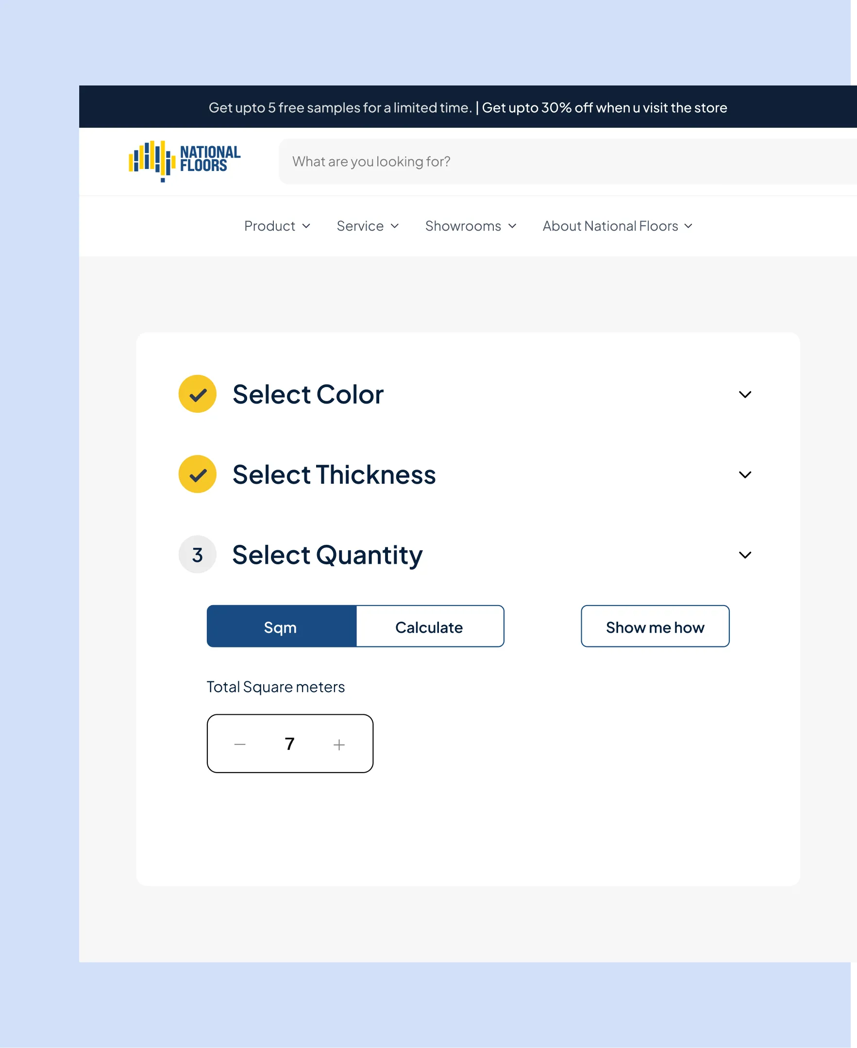 Four steps to quality new floors: order free samples, measure up your home, place your order, and install using an interactive installer map, with buttons to get an instant quote or call.