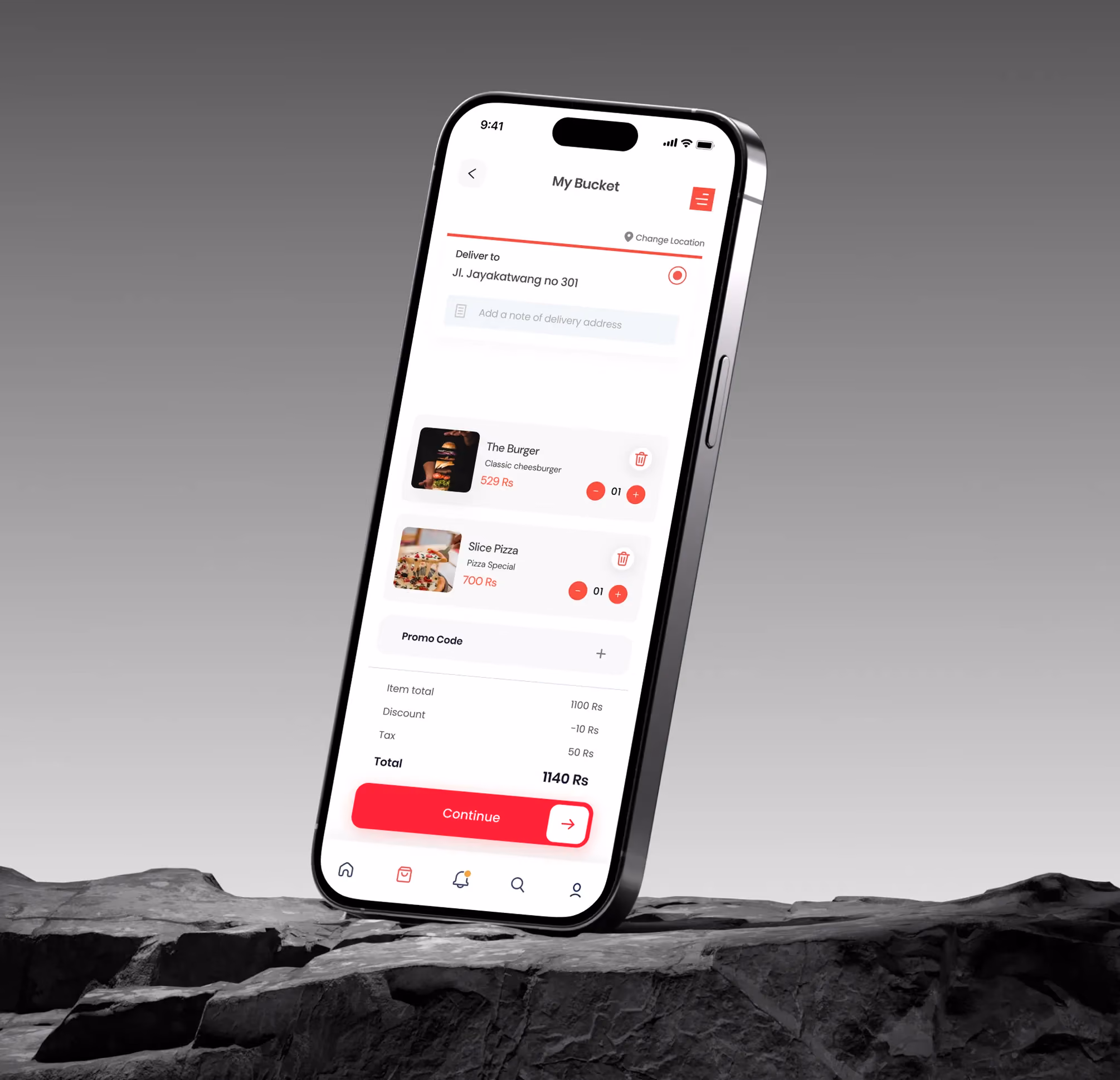 Smartphone screen showing a food delivery app with items in cart: a cheeseburger and a slice of pizza, total price 1140 Rs, and a red 'Continue' button.