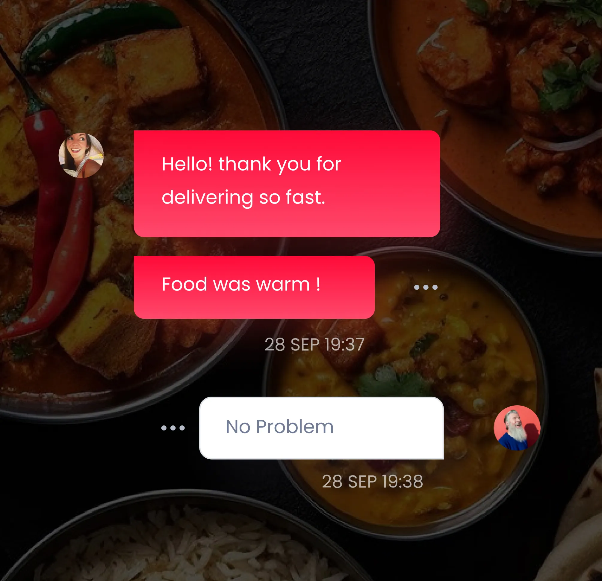Chat conversation overlay on food bowls showing messages: 'Hello! thank you for delivering so fast. Food was warm!' and reply 'No Problem' with timestamps.