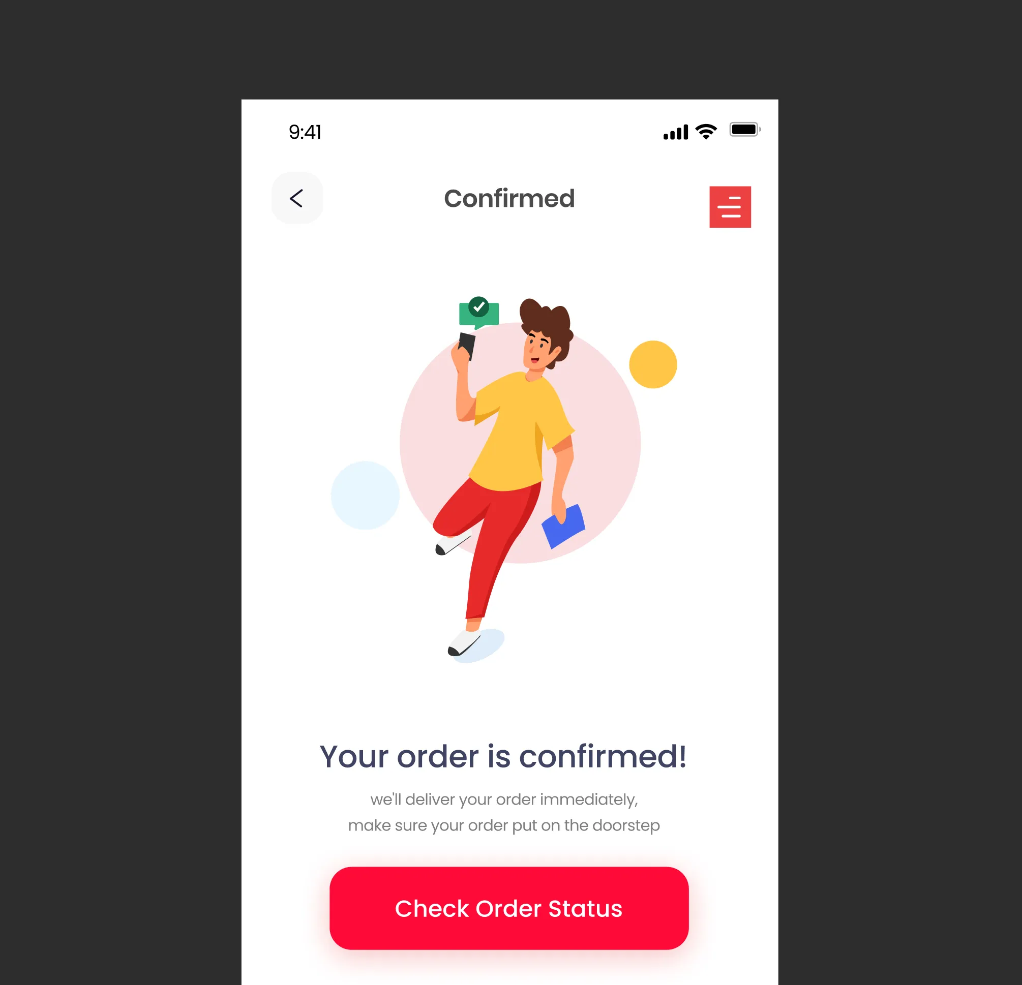 Mobile app screen showing order confirmation with a person holding a phone and a checkmark, and a red button to check order status.