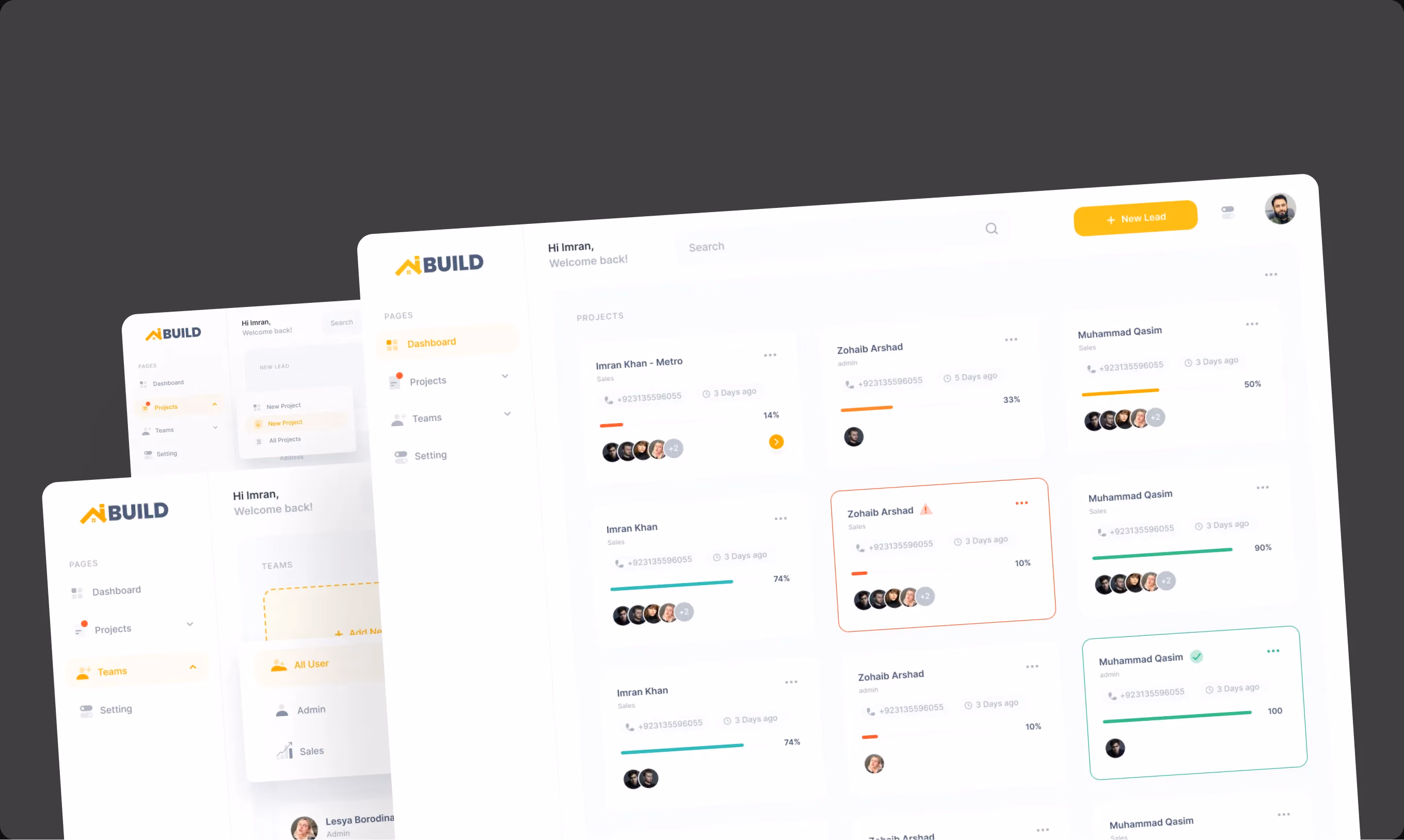 Dashboard interface of project management app showing projects, teams, progress bars, and user details.