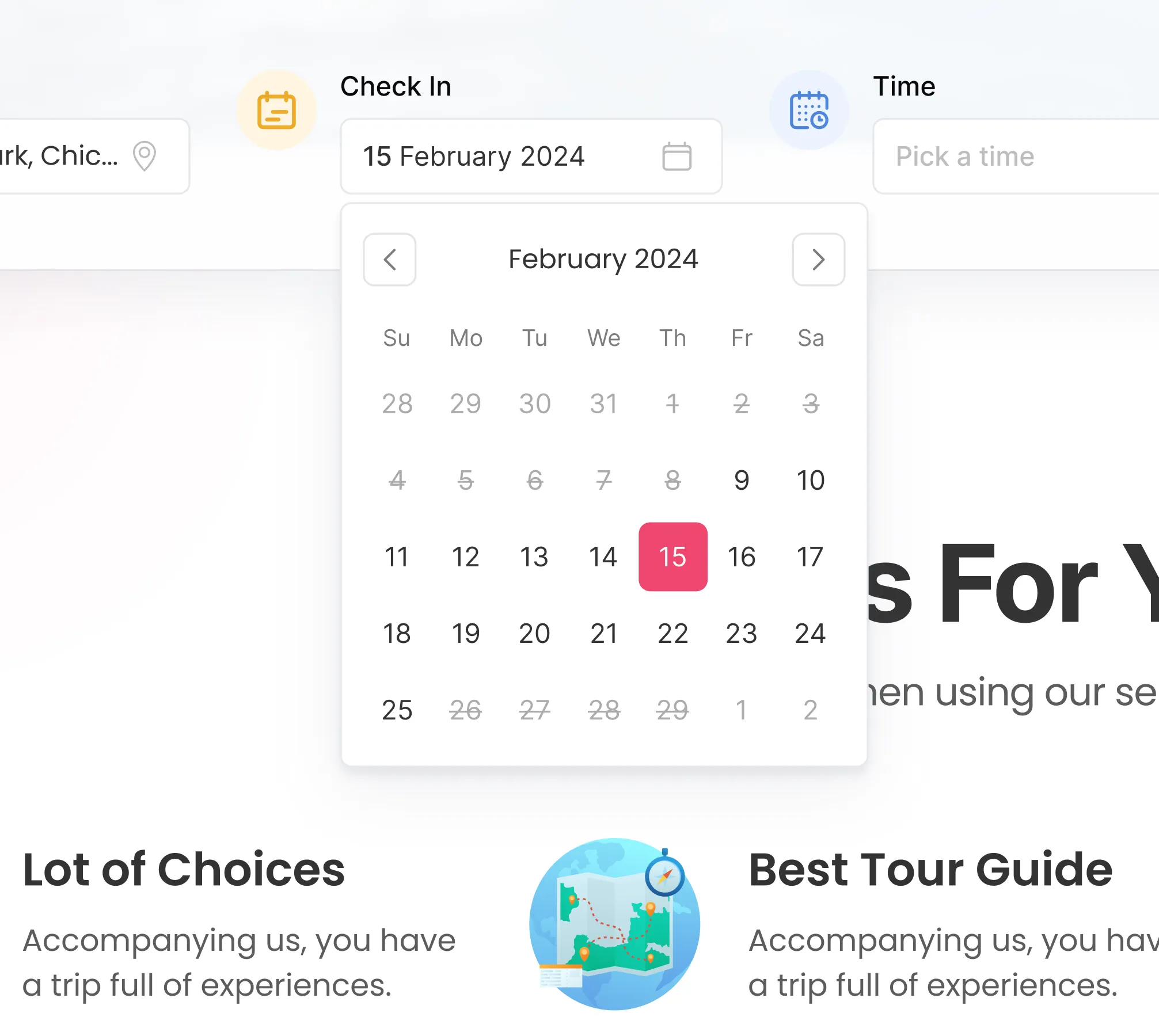 Calendar widget showing February 2024 with the 15th highlighted for check-in date selection, alongside time selection field.