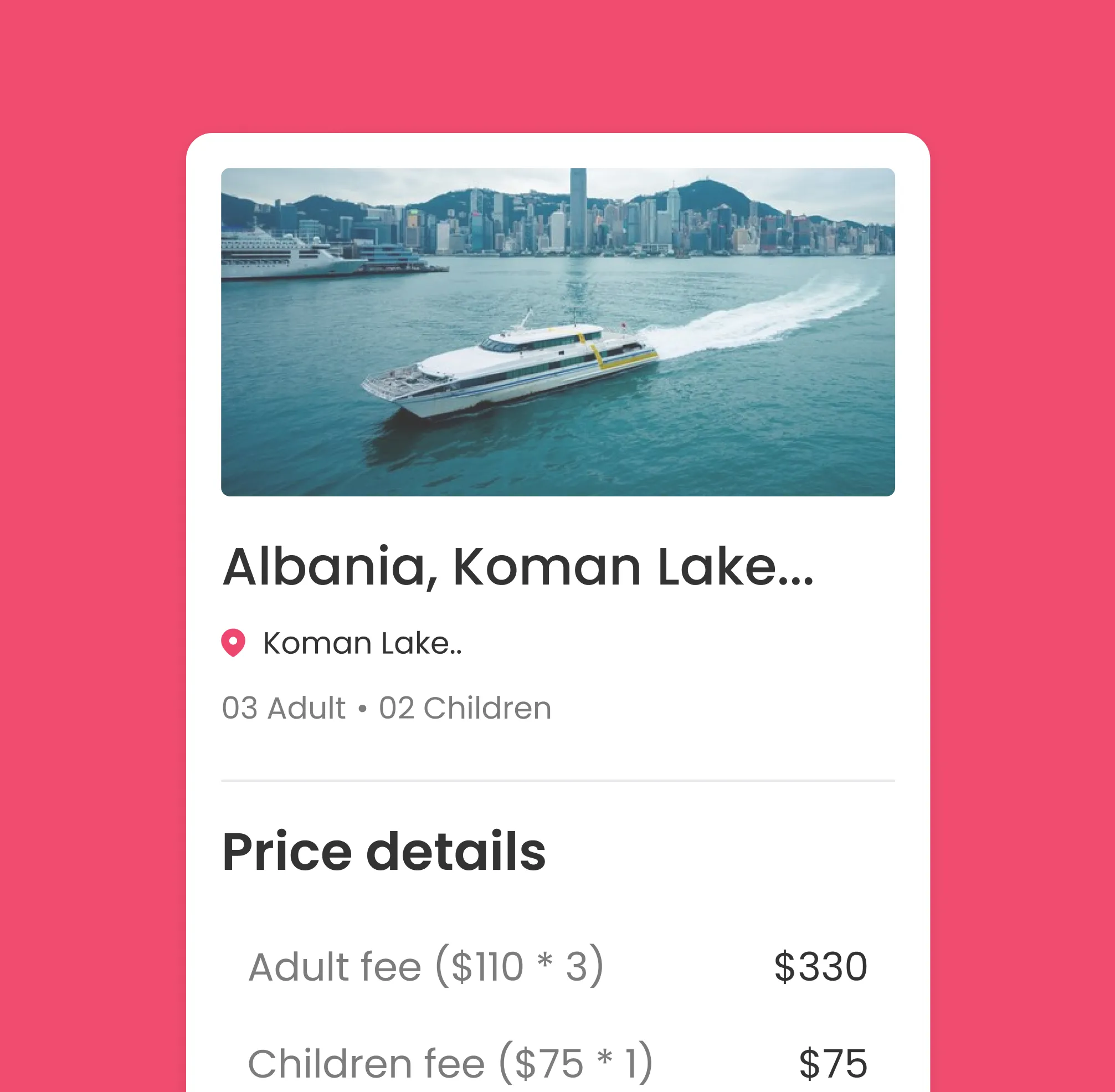Booking summary showing a boat on water with city skyline, listing Albania Koman Lake, 3 adults and 2 children, with price details.