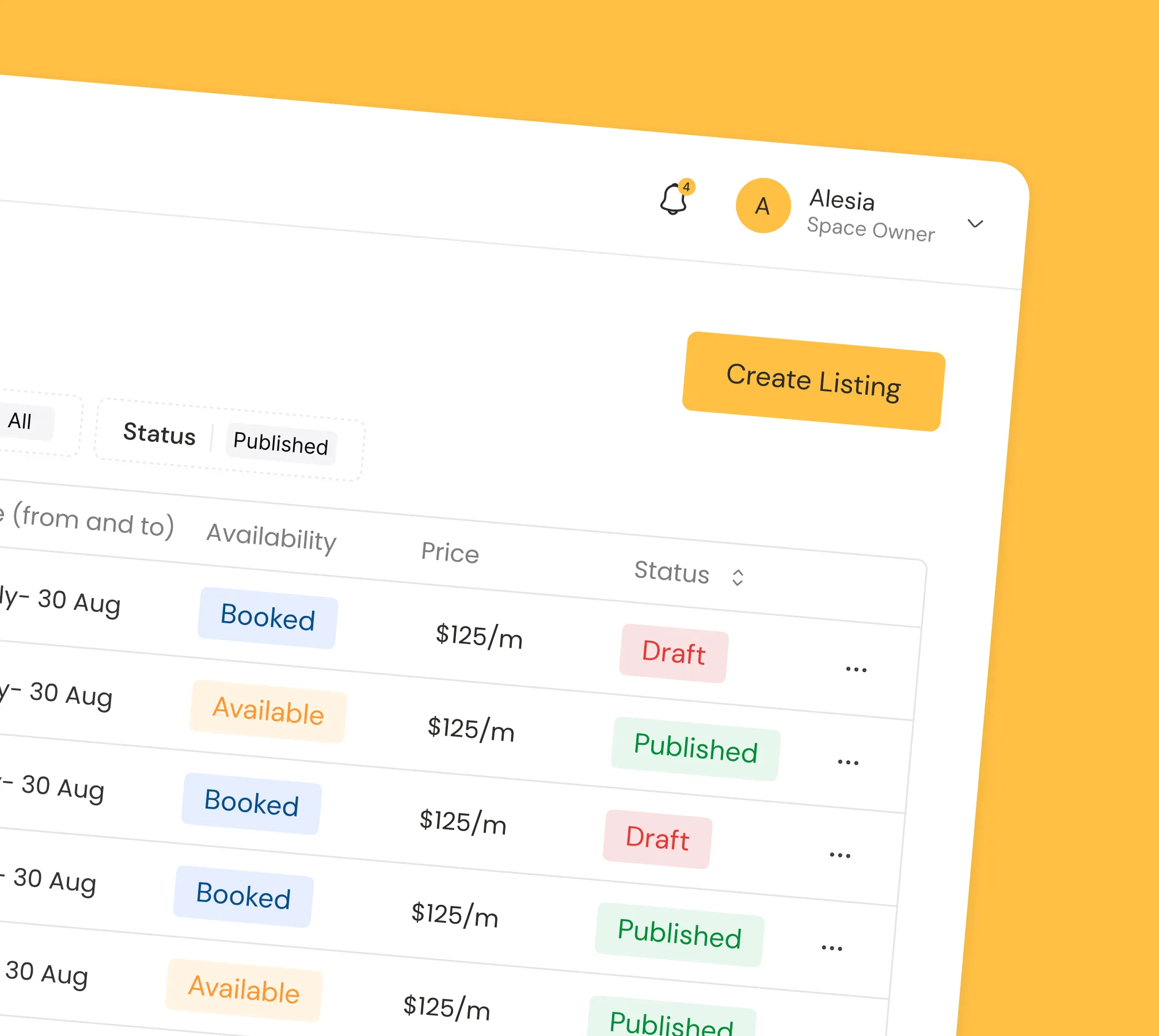 Dropdown menu showing status filter options: Completed, Pending, and failed, in a trip listing interface.