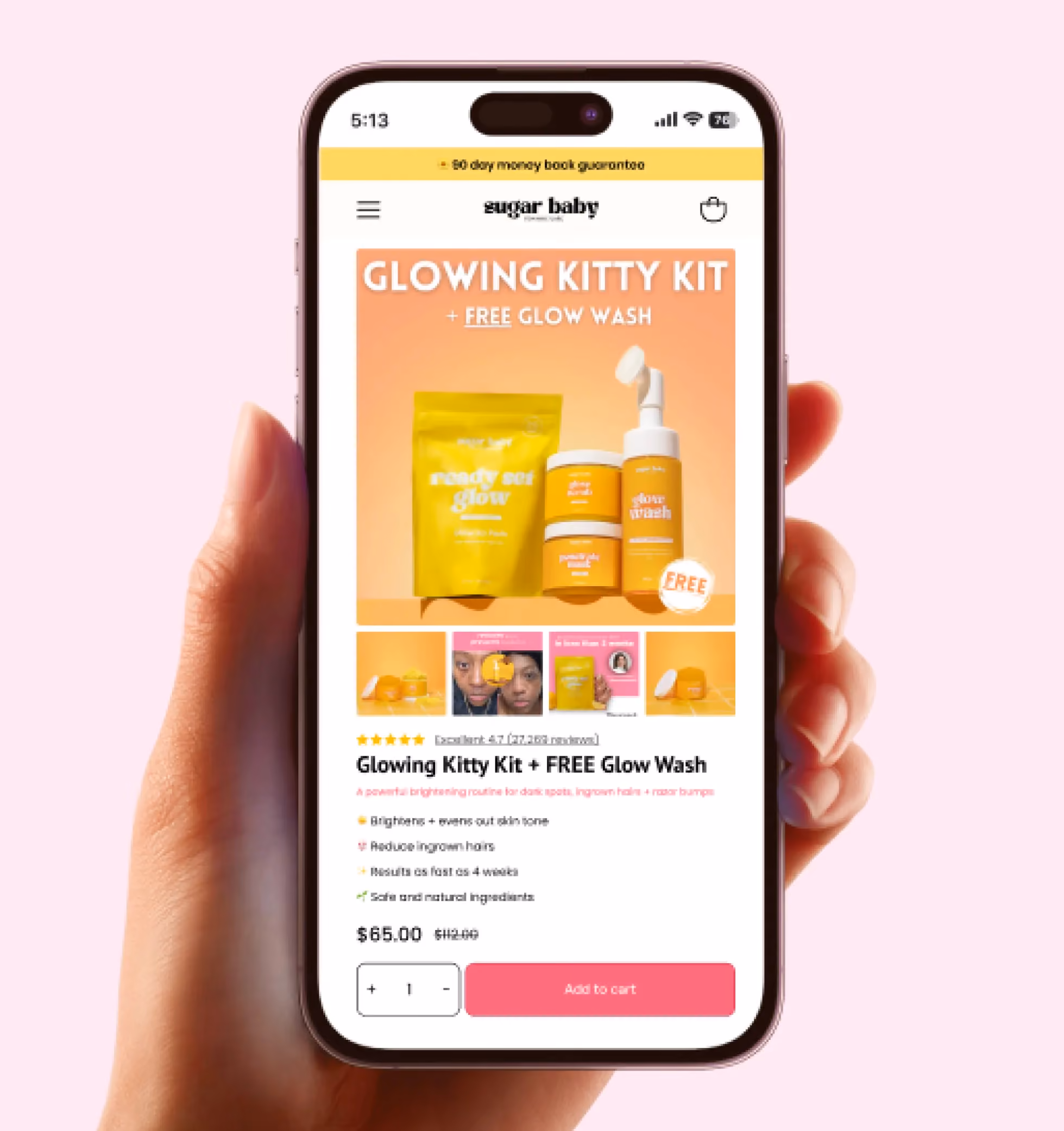 Hand holding a smartphone displaying the Sugar Baby website featuring the Glowing Kitty Kit skincare set with free Glow Wash, priced at $65, with product benefits and purchase options.