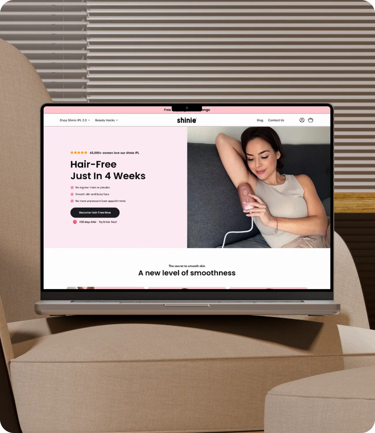 Open laptop on beige cushioned chair showing GEDMasters dashboard with progress in quizzes, average quiz score, videos completed, and current subscription details.