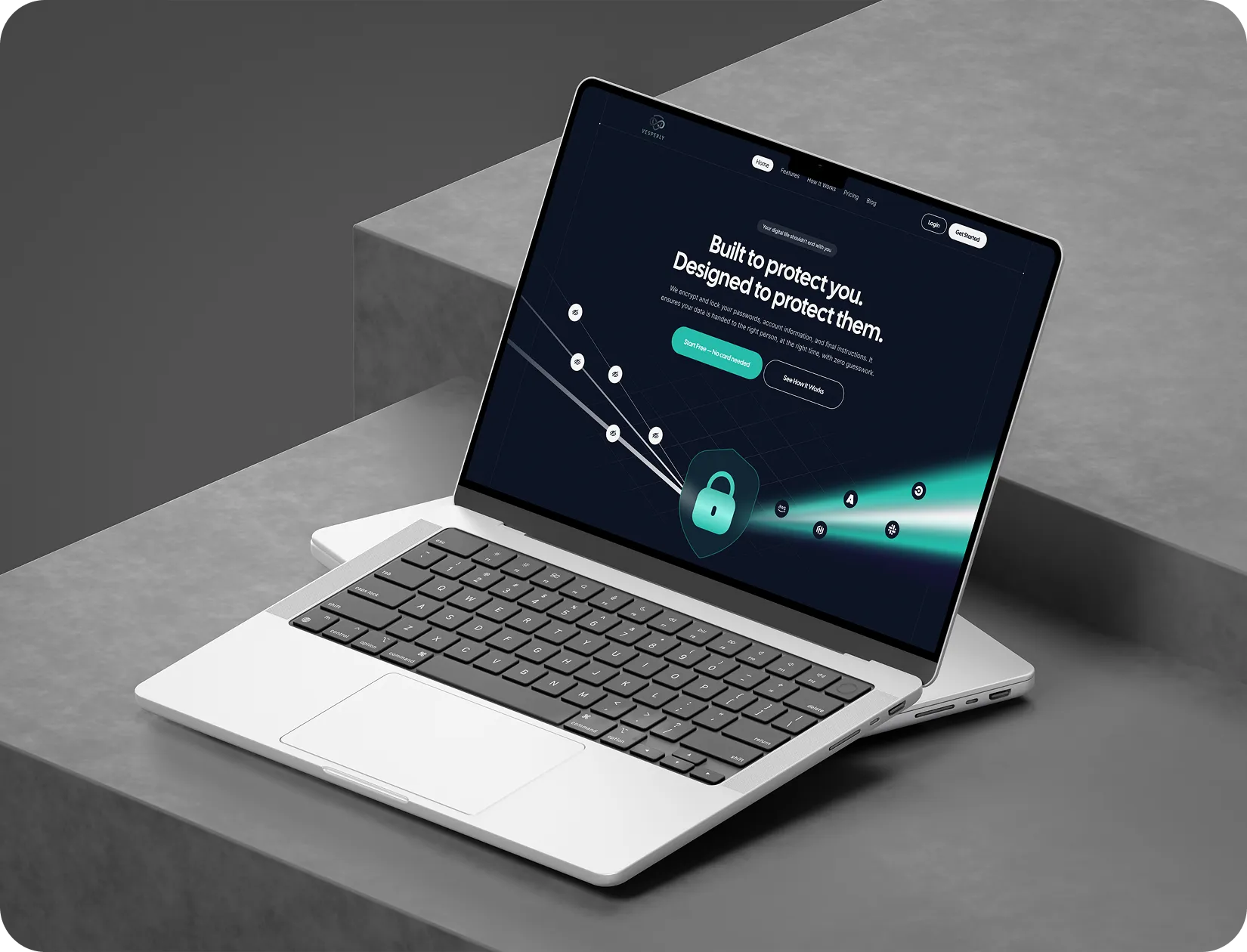 Silver laptop on gray steps showing a dark screen with a security message and a lock icon.