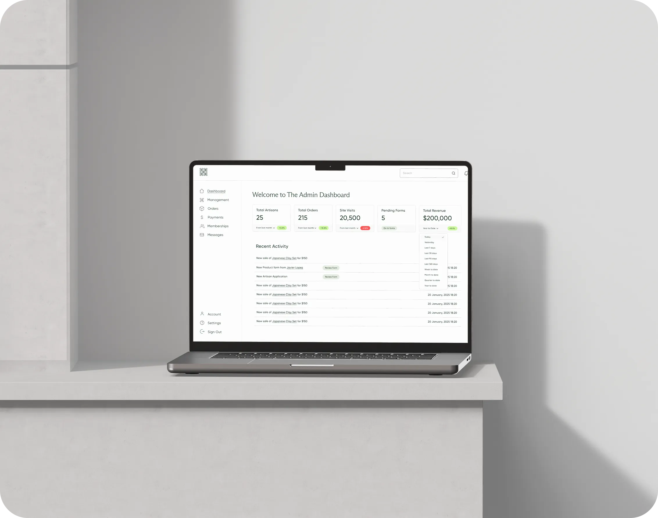 Laptop on stone steps displaying a business dashboard with metrics including total agencies, users, active courses, monthly revenue, and course popularity.