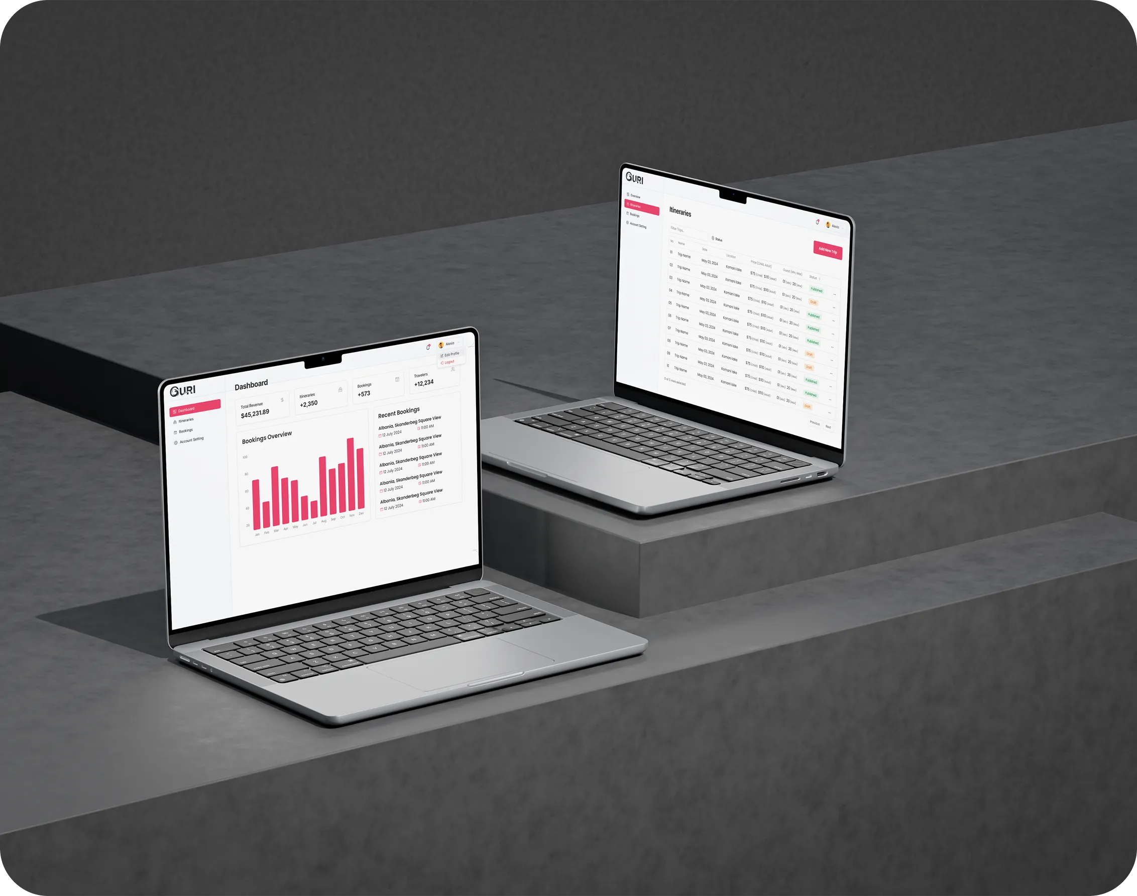 Laptop on stone steps displaying a business dashboard with metrics including total agencies, users, active courses, monthly revenue, and course popularity.