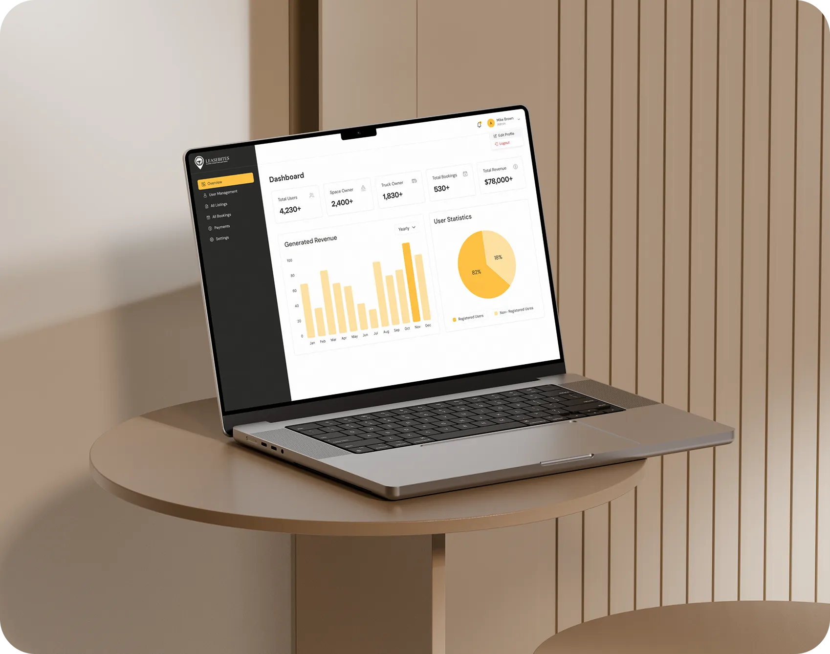 Laptop on stone steps displaying a business dashboard with metrics including total agencies, users, active courses, monthly revenue, and course popularity.
