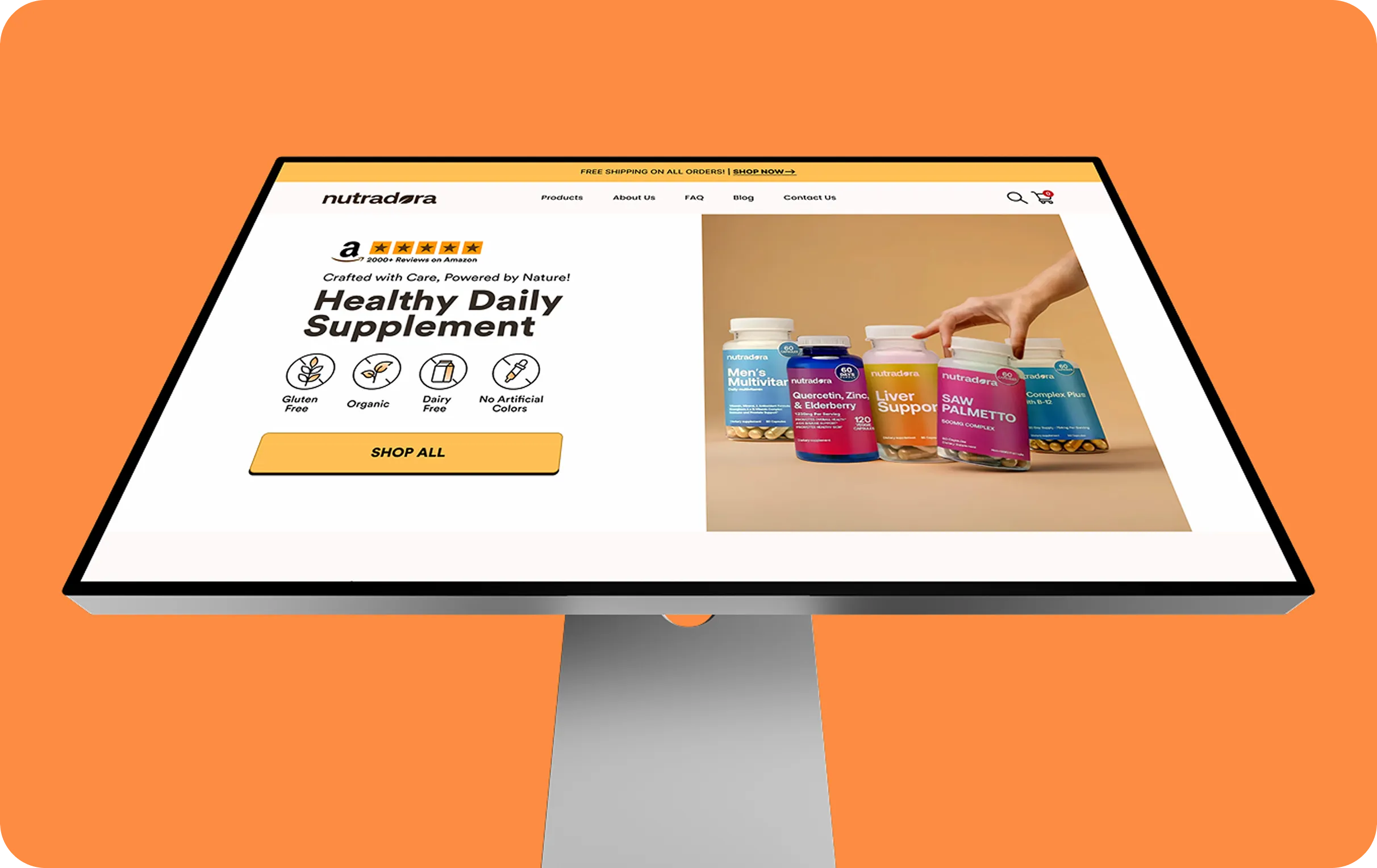 Computer screen showing Nutradra supplement page with product bottles and health benefit icons.