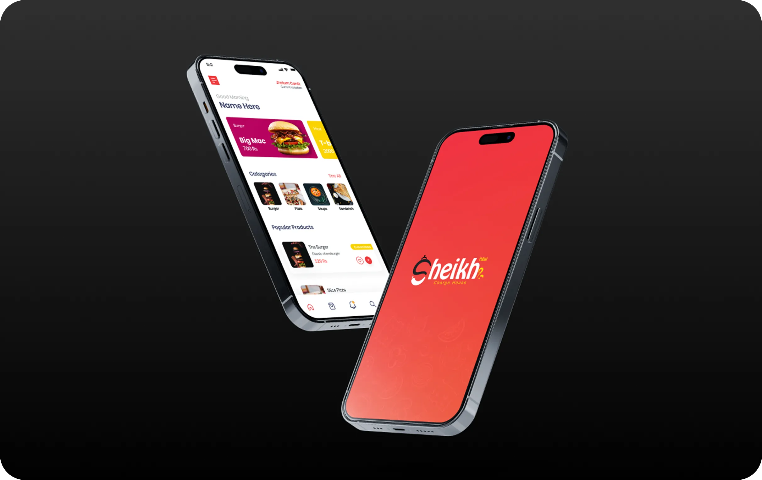 Two smartphones floating on black background, one shows Sheikh Charge House app menu and logo.