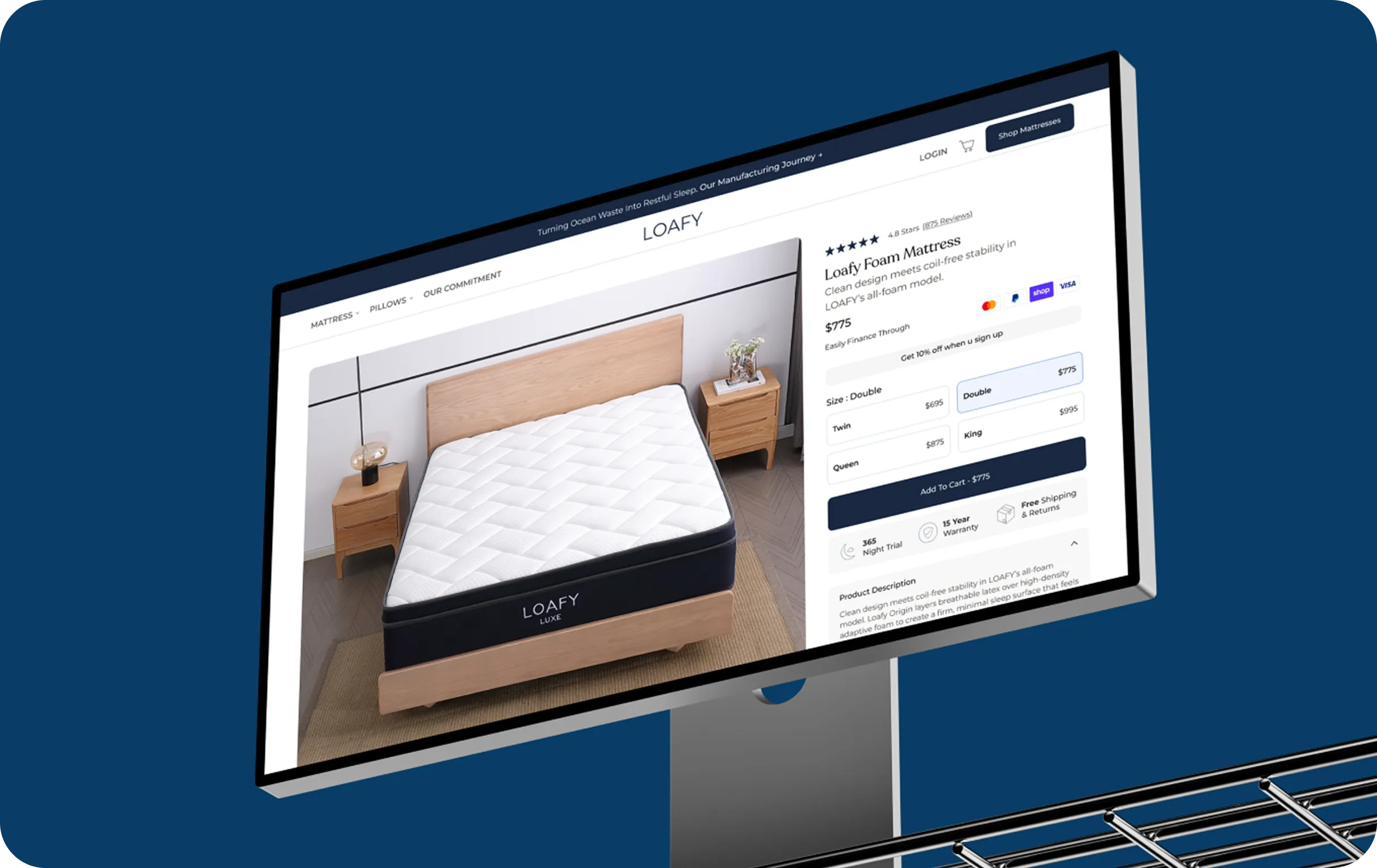 Computer screen displaying the Loafy Foam Mattress product page with mattress and pricing details.
