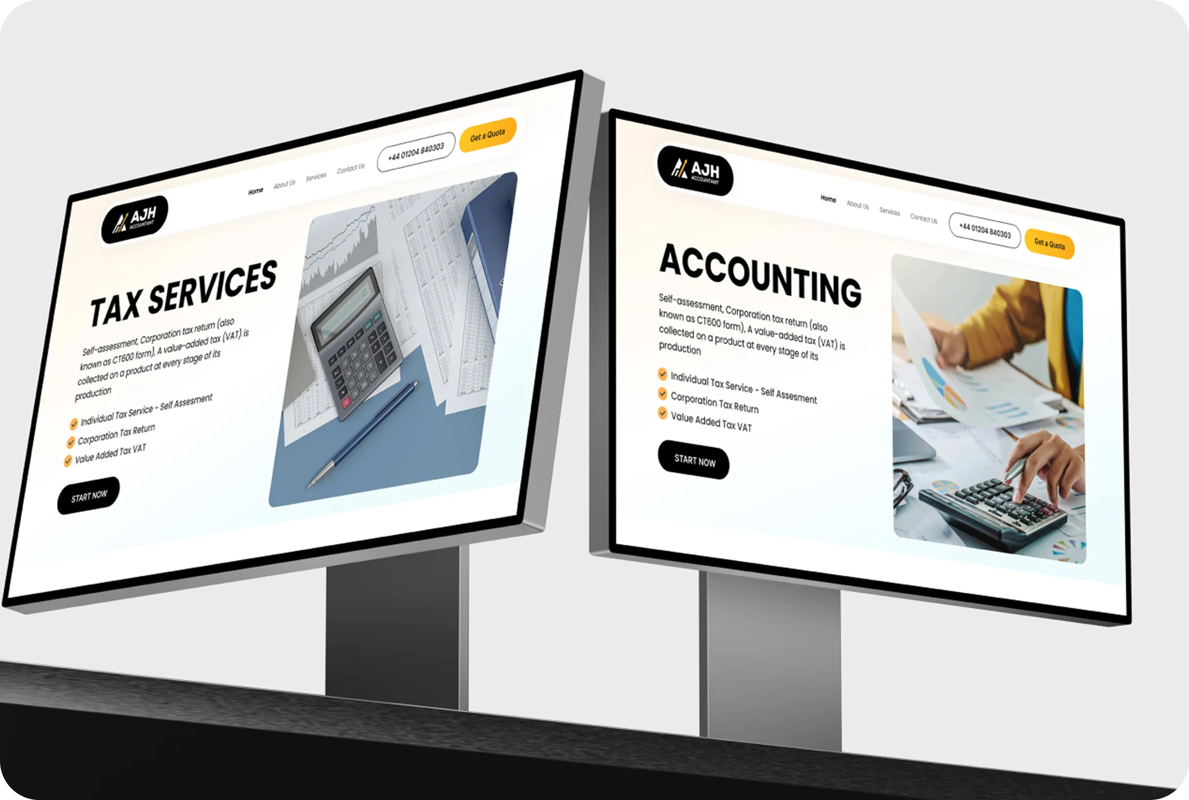 Two side-by-side monitors showing AJH Accountant tax and accounting service web pages with calculators and documents.