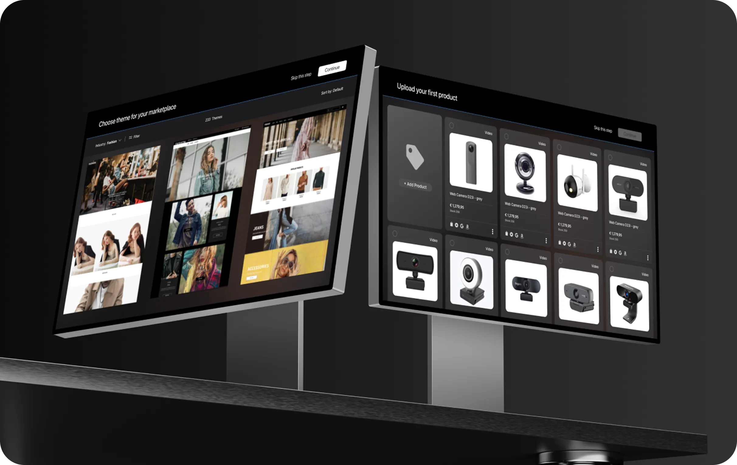 Two computer displays showing a fashion theme selection screen and product upload interface with webcams.