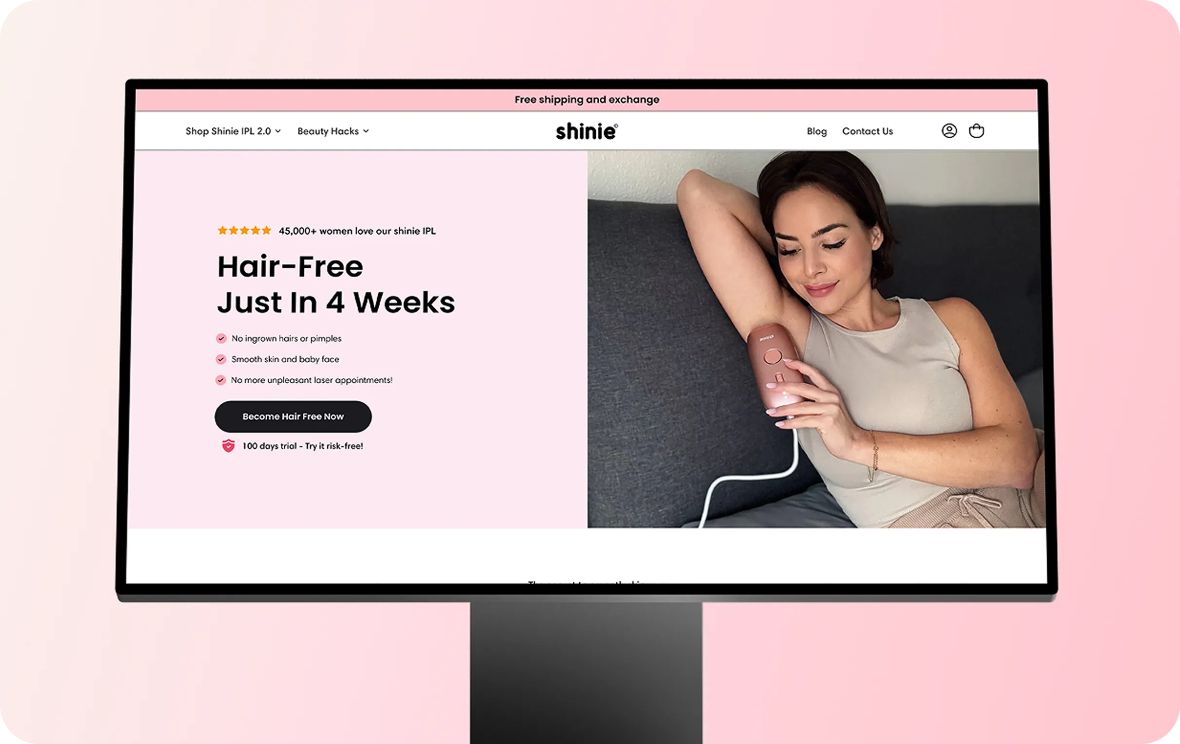 Woman using a hair removal device on her underarm, with text promoting hair-free skin in 4 weeks.