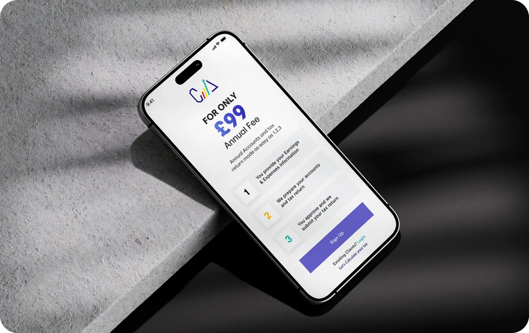 Smartphone showing an app offering annual accounts and tax return service for £99 with sign-up option.