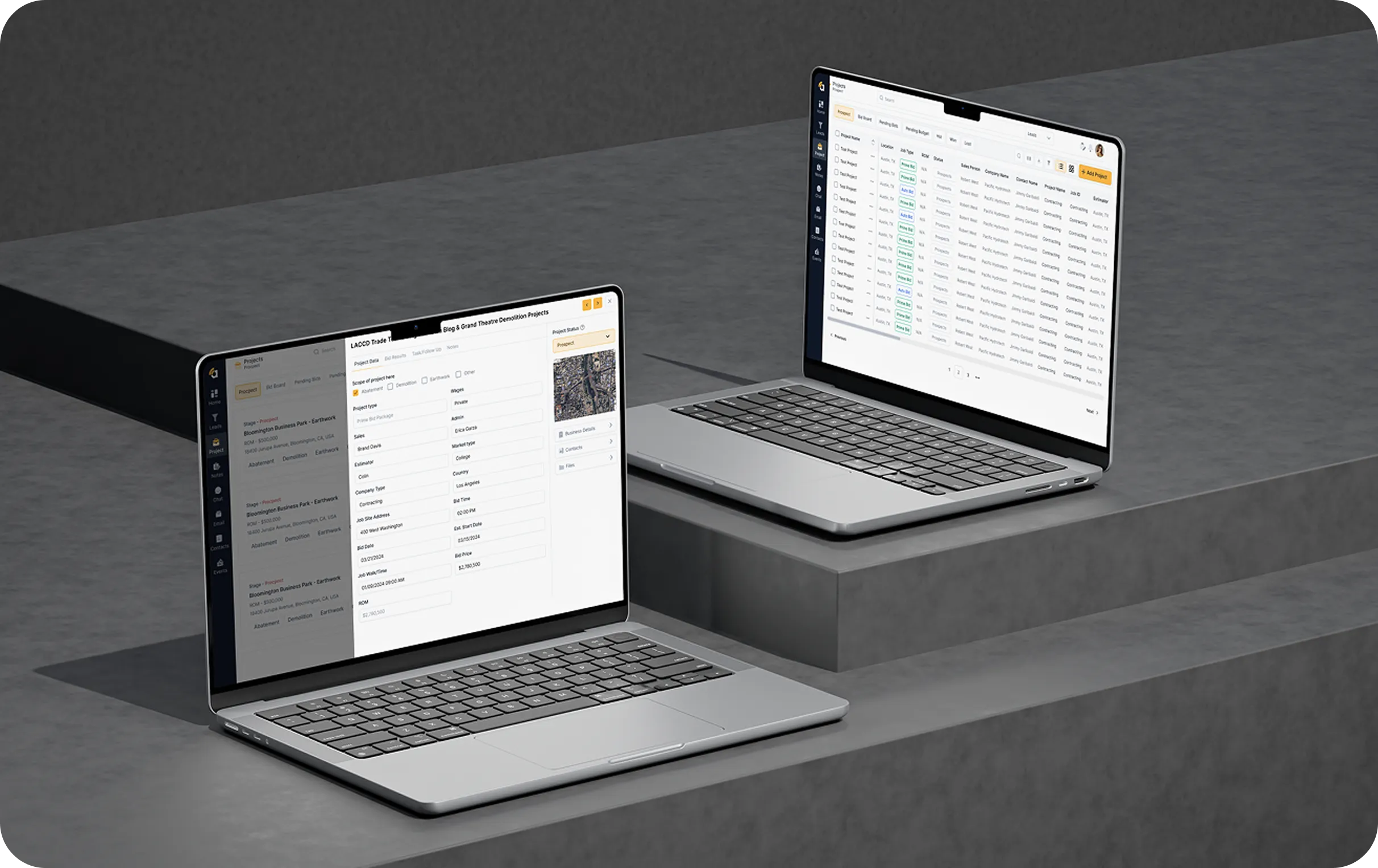 Amplify construction project management platform shown on two MacBook Pro laptops