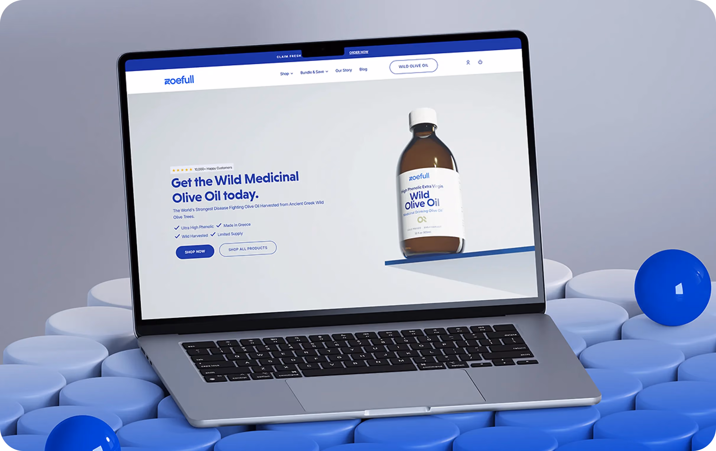 Laptop displaying Roefull Wild Medicinal Olive Oil product page with a bottle and ordering options.
