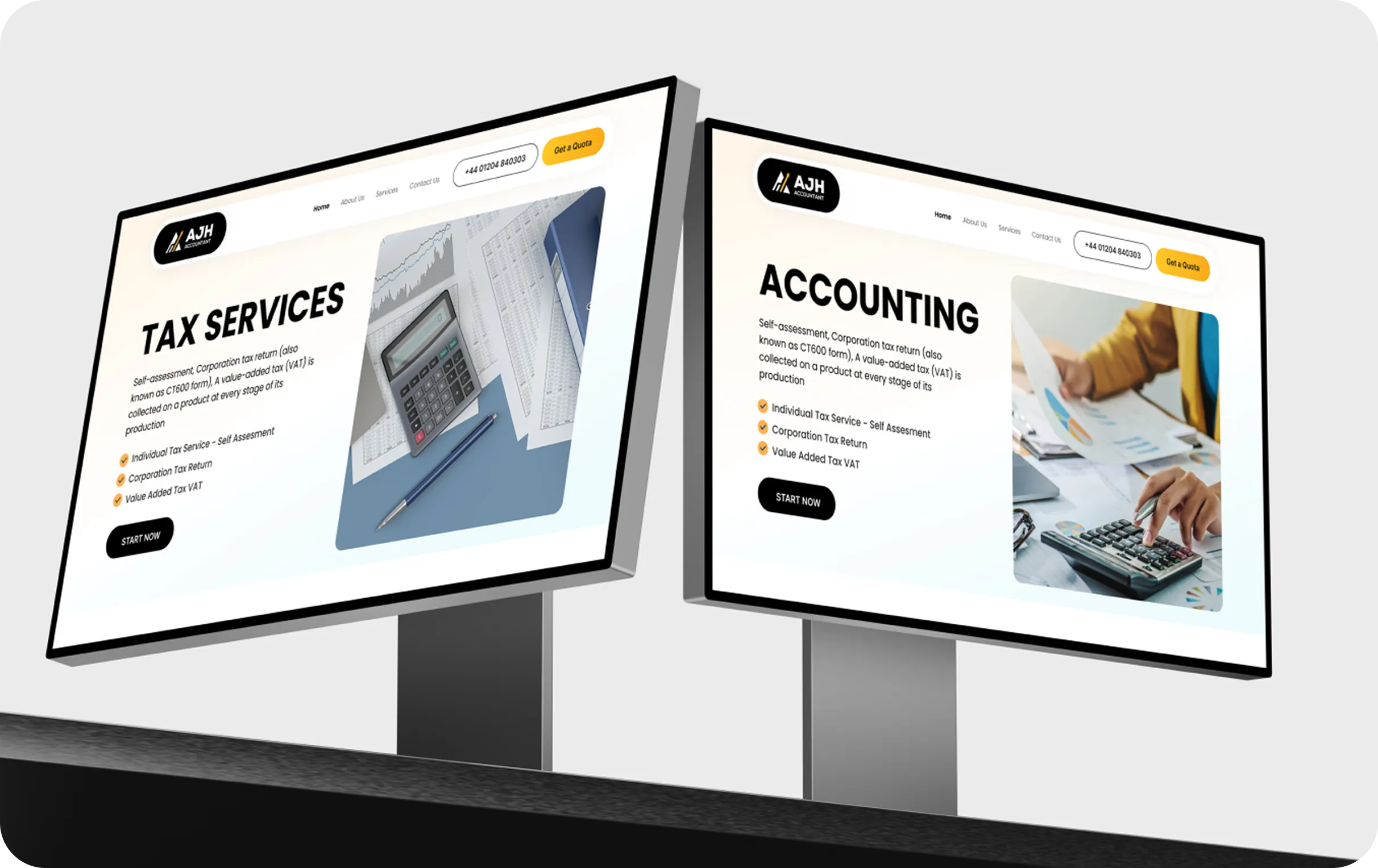 Two screens showing a tax services page with calculator and accounting page with hands using calculator.