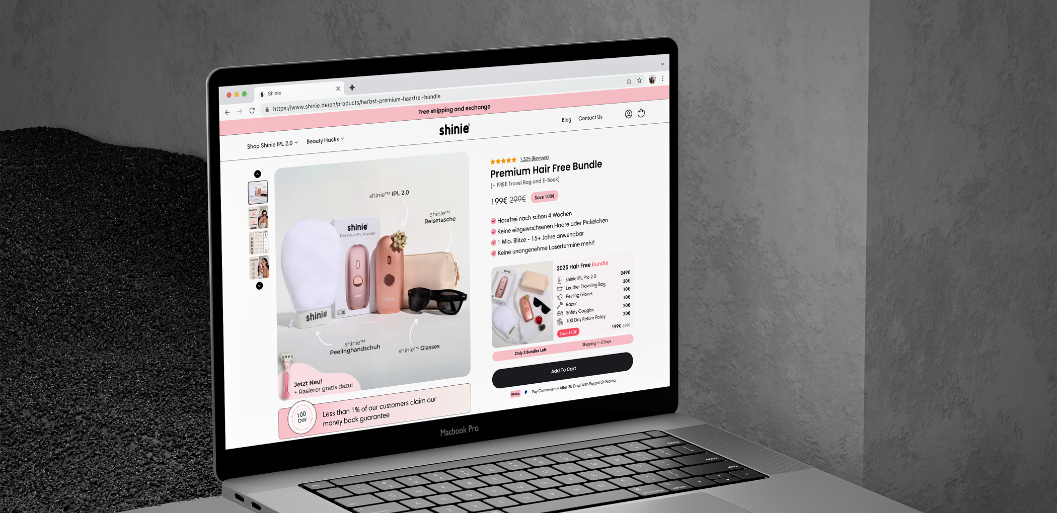 MacBook Pro laptop displaying Shinie website with a Premium Hair Free Bundle product page and product images.