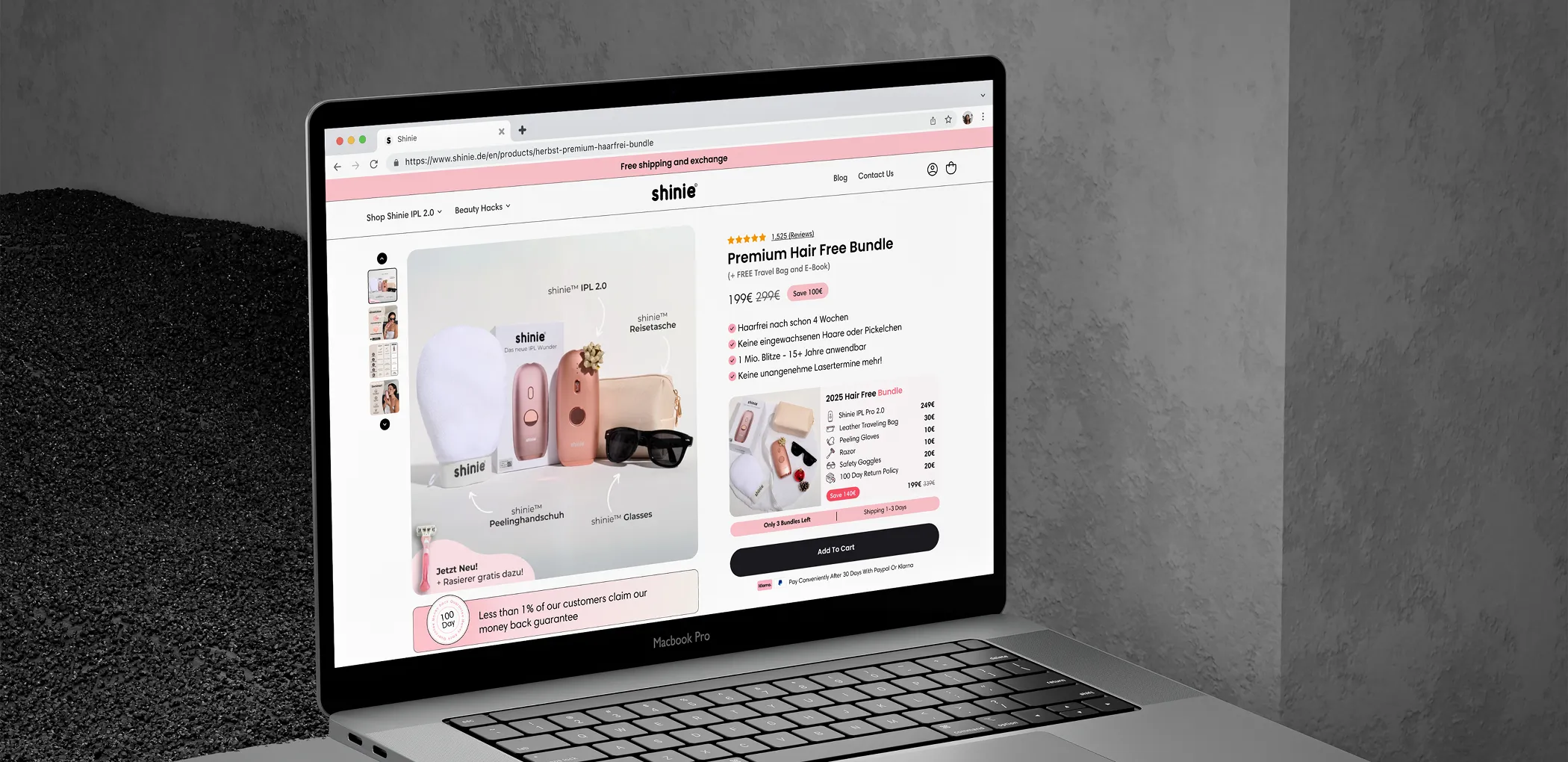 MacBook Pro laptop displaying Shinie website with a Premium Hair Free Bundle product page and product images.
