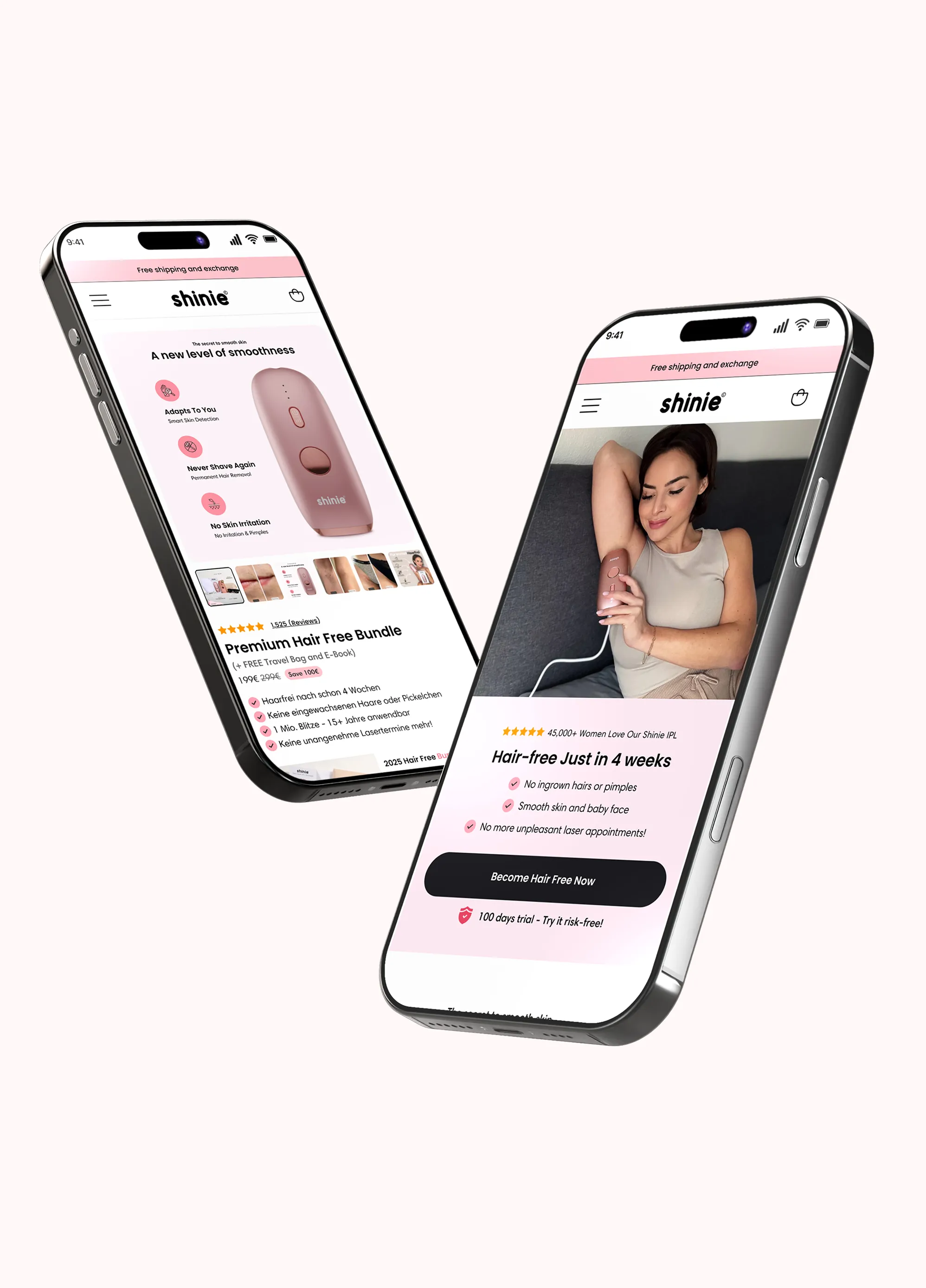 Two phones showing Shinie IPL hair removal product pages with features and a woman using the device.