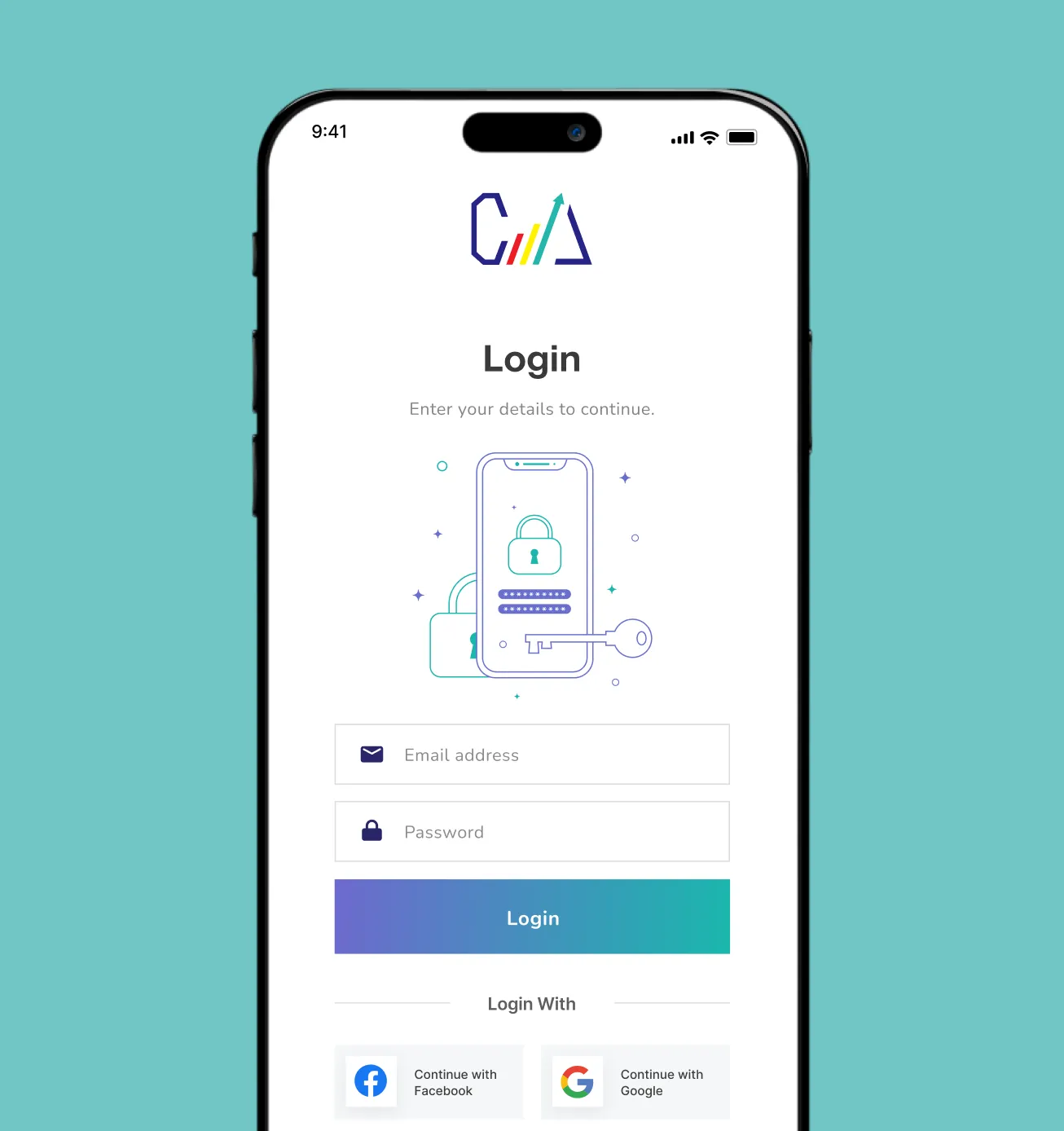 Mobile login screen with fields for email, password, login button, and options to continue with Facebook or Google.