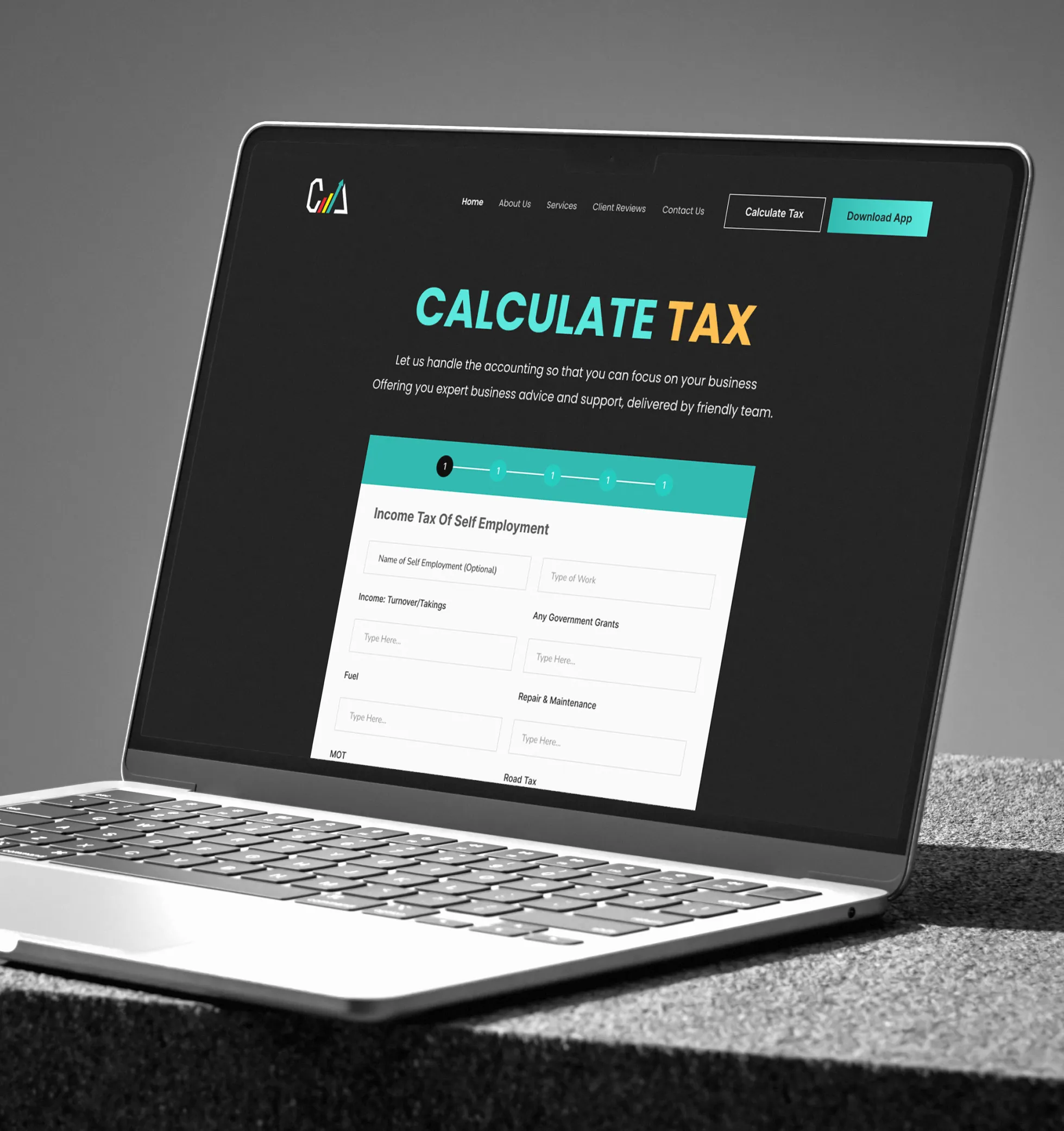 Laptop screen showing tax calculation app interface for self-employment income and expenses.