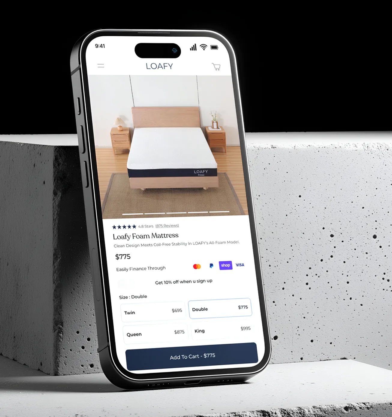 Smartphone showing LOAFY Foam Mattress product page with prices, sizes, and payment options.