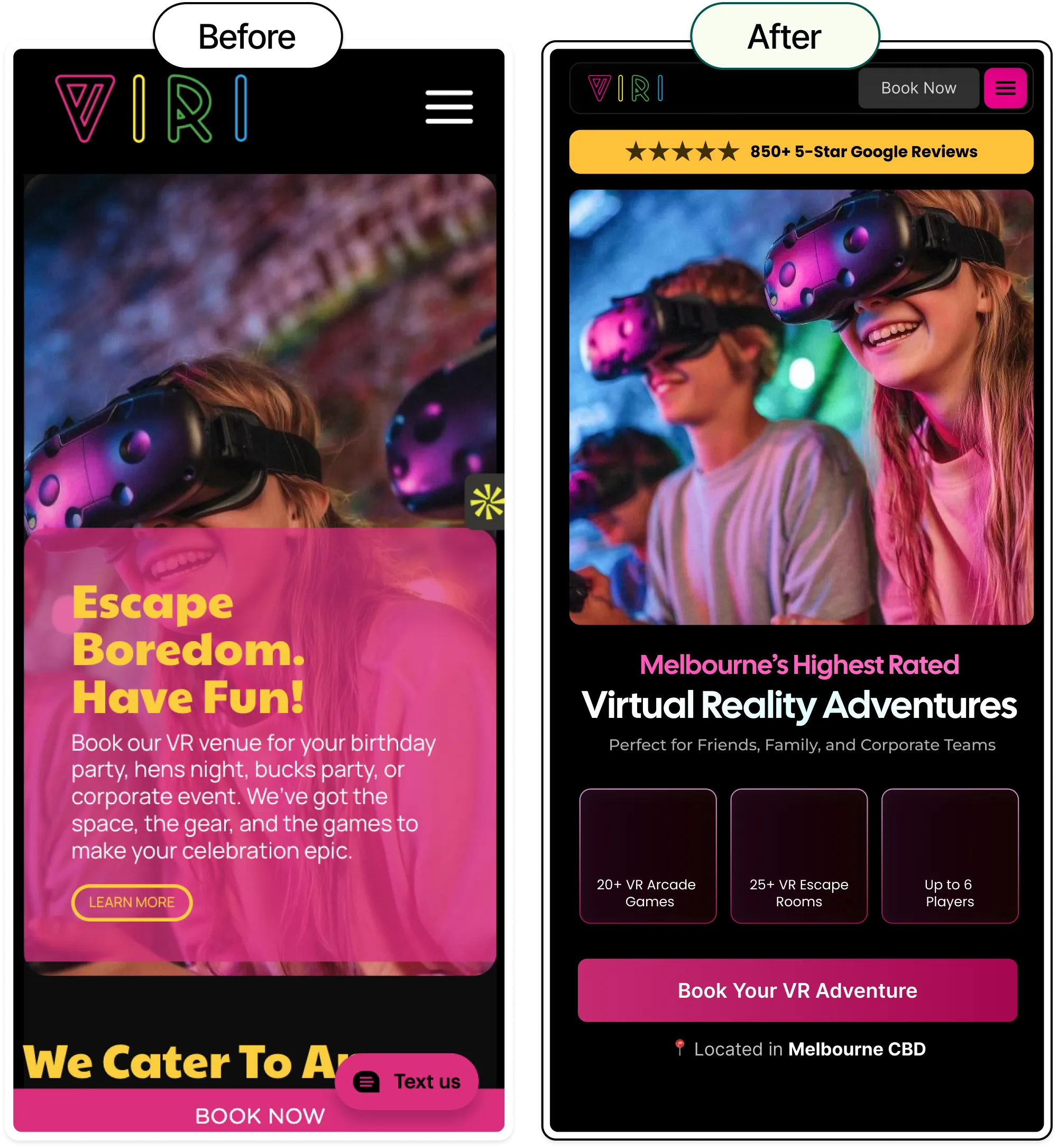 Side-by-side mobile site before and after showing VR adventures with booking and reviews.